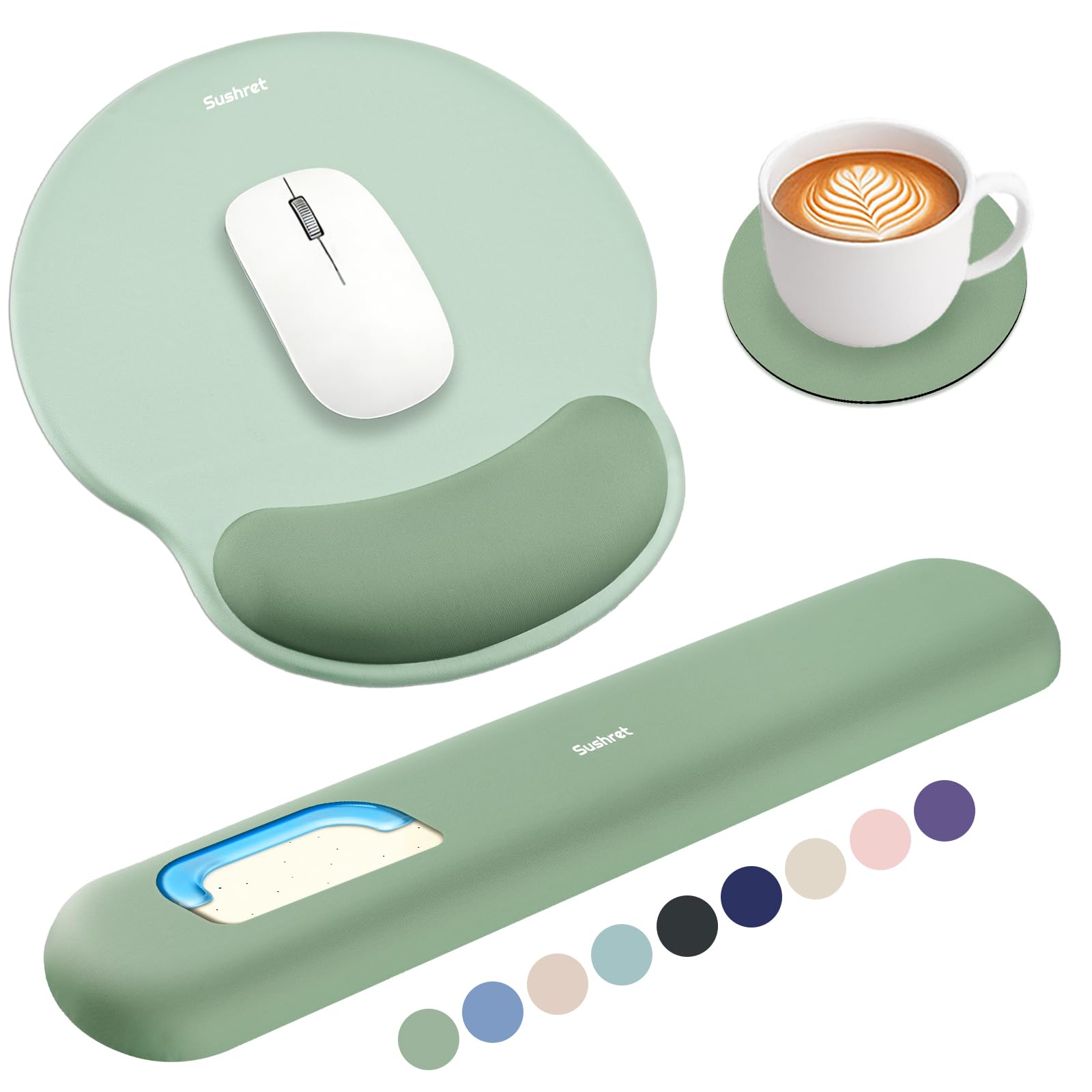 Sushret Mouse Pad and Keyboard Wrist Rest, 3-in-1 Gel Memory Foam Ergonomic Mouse Pad with Wrist Rest Set,Gaming Mousepad Arm Cushion Support for Computer Office Desk Accessories Cute Setup,Sage Green