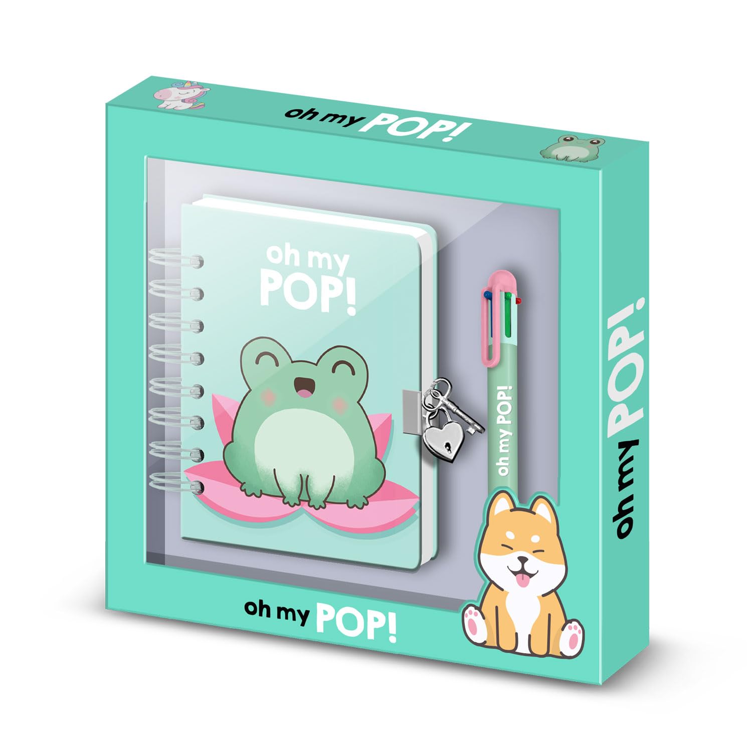 Oh My Pop Froggy-Pack of A5 Diary + 6-Coloured Pen, Turquoise
