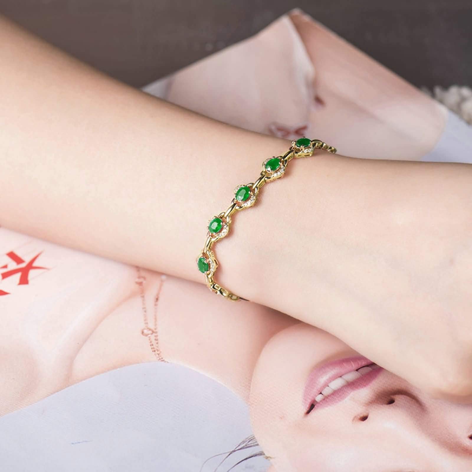 Pulsera de Mujer Oro Amarillo 9 K / 14 K / 18 K, Flor y Oval con Esmeralda de 1,95 ct y Diamante de 0,23 ct, Cadena Extensible 16 CM + 5 CM, Pulsera de Oro Verde para Mujer Ajustable