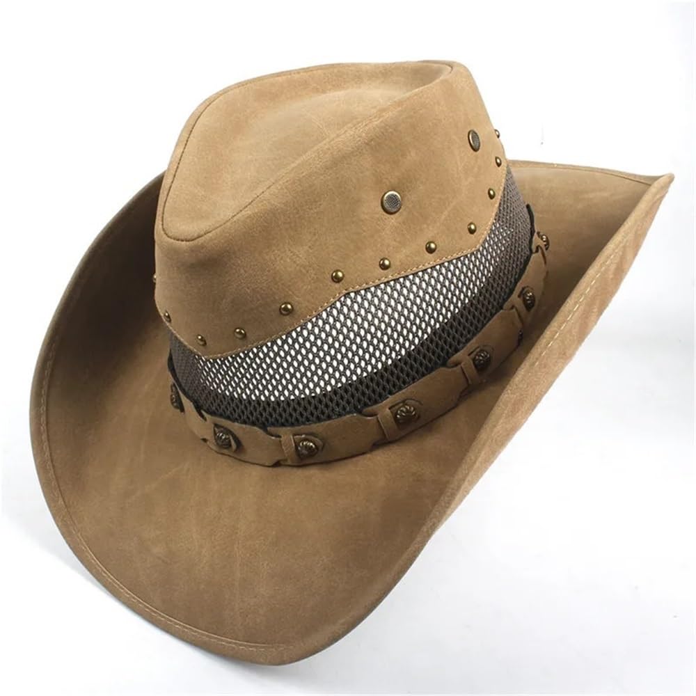 Moda Uomo Cappello da Cowboy Occidentale Gentleman Pelle Sombrero Hombre Jazz Caps Taglia 58-59CM(Khaki)
