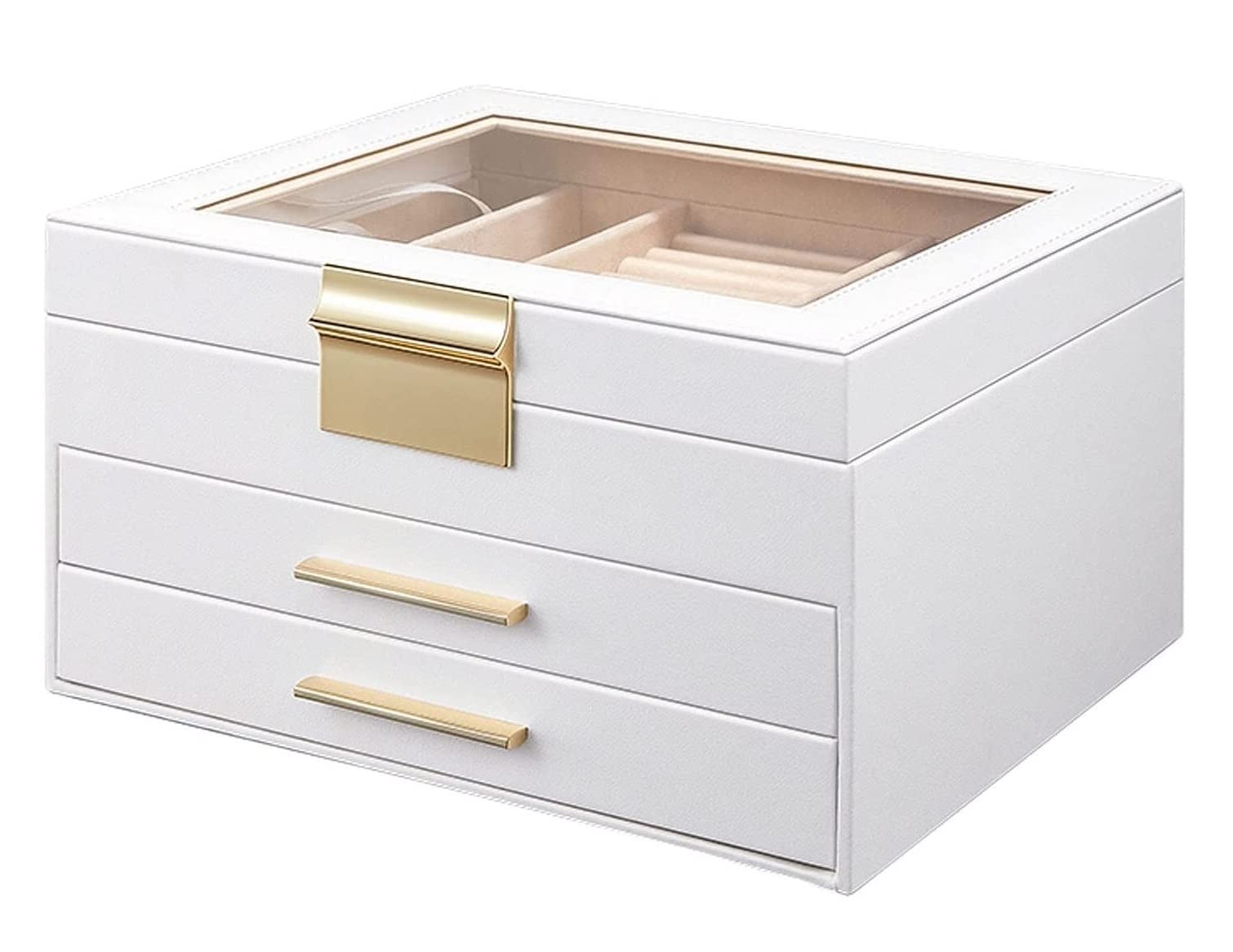 TIANQIHAO Jewelry Box Large Jewelry Box Organizer Drawer Mirror For Women Pu Leather Storage Case For Earring Ring Necklace Bracelet Watch Jewellry Holder,White-23.1 * 20.1 * 13.2cm