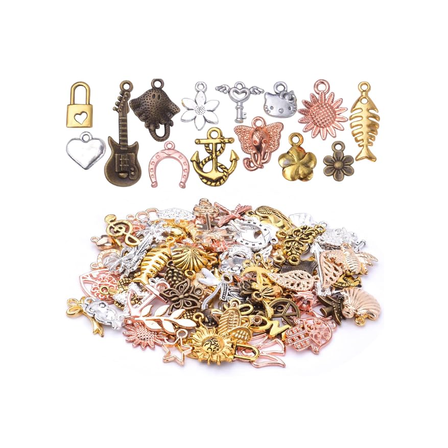 Zibuyu® 100Pcs Mixed charms for jewelry making, Vintage Metal Pendants with Lobster Clasps, DIY Bracelet & Jewellery Making Materials Kit with Charms, for Necklaces, Earrings, Keychains (7 Colors)