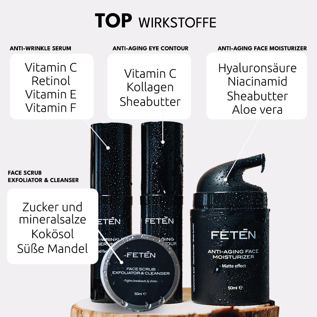 FETEN 360 Gesichtspflege Set für Männer – Männer Geschenkset 4-in-1 mit Gesichtspeeling, Anti-Falten Serum mit Vitamin C, Feuchtigkeitscreme & Augencreme gegen Augenringe