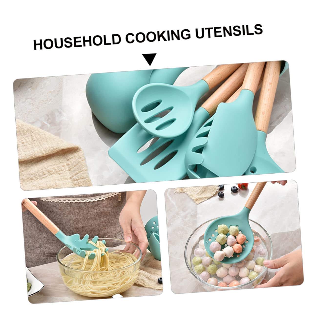 1satz Teiliges Küchenutensilien-Set Holzgriff Hitzebeständig Und Antihaftbeschichtet Für Sicheres Kochen Cyan Inkl Spatel Löffel Und Teigschaber