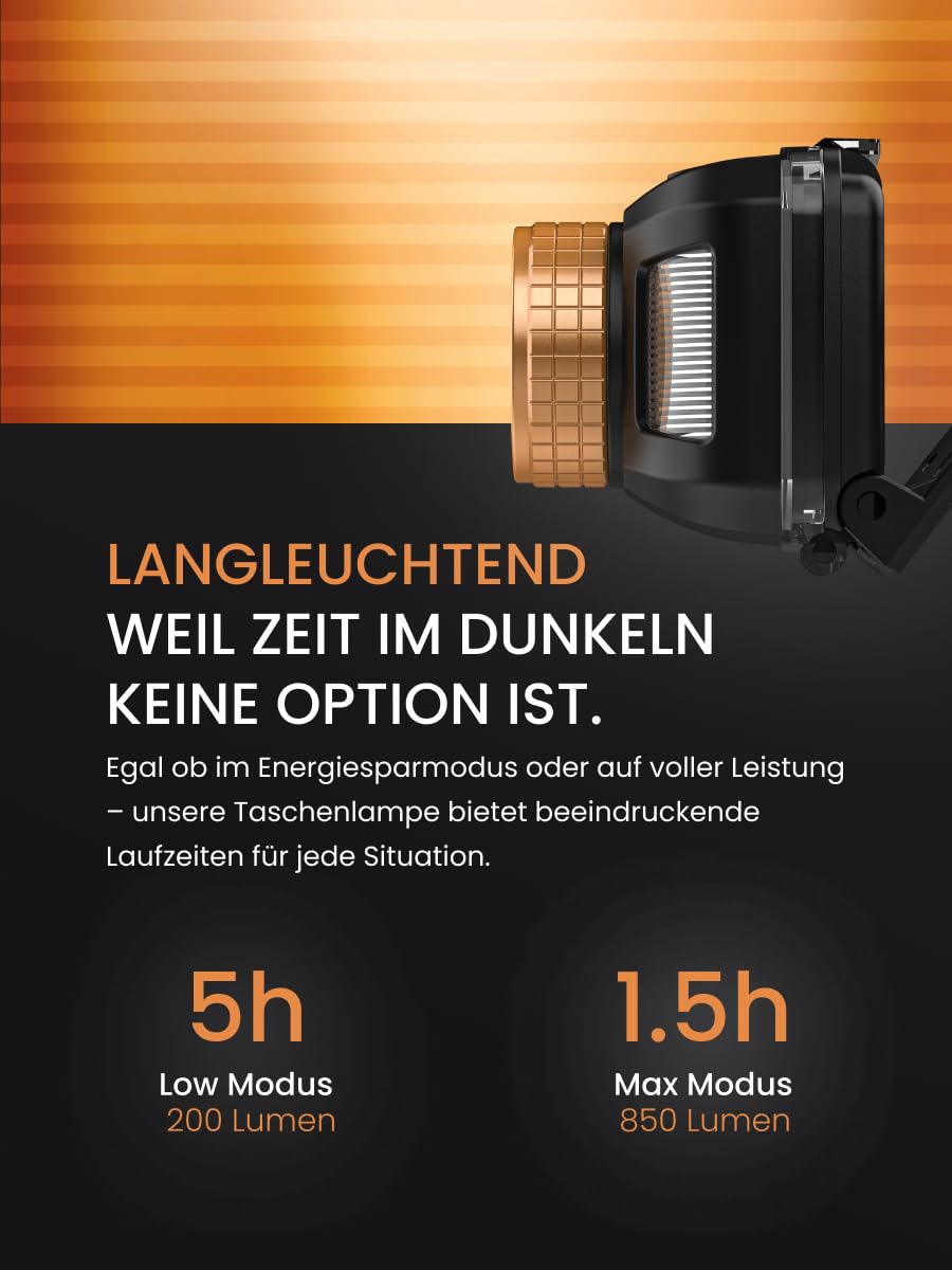 Duracell Lampada frontale a LED DH850R Pro – 850 lumen, focalizzabile, 50 m, funzione luce rossa, DualPower, USB-C ricaricabile, batteria al litio, diverse modalità di illuminazione, confezione regalo