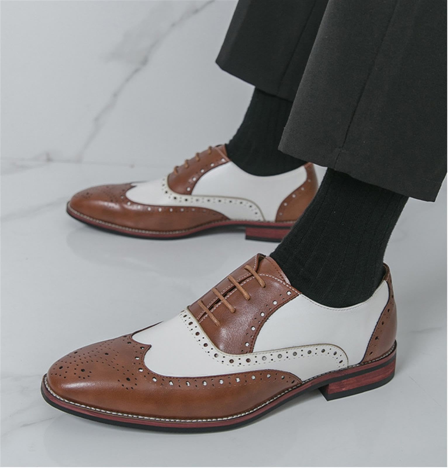 Zapatos Oxford Wingtip para Hombre, Zapatos de Vestir Brogue de Cuero de Dos Tonos, Zapatos Formales con Cordones Espectador para Boda, Fiesta o Club