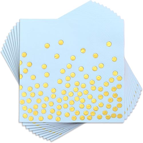 100 servilletas desechables de color azul claro  Servilletas de cóctel de 3 capas azul claro y dorado  Servilletas de papel azul bebé para fiestas,