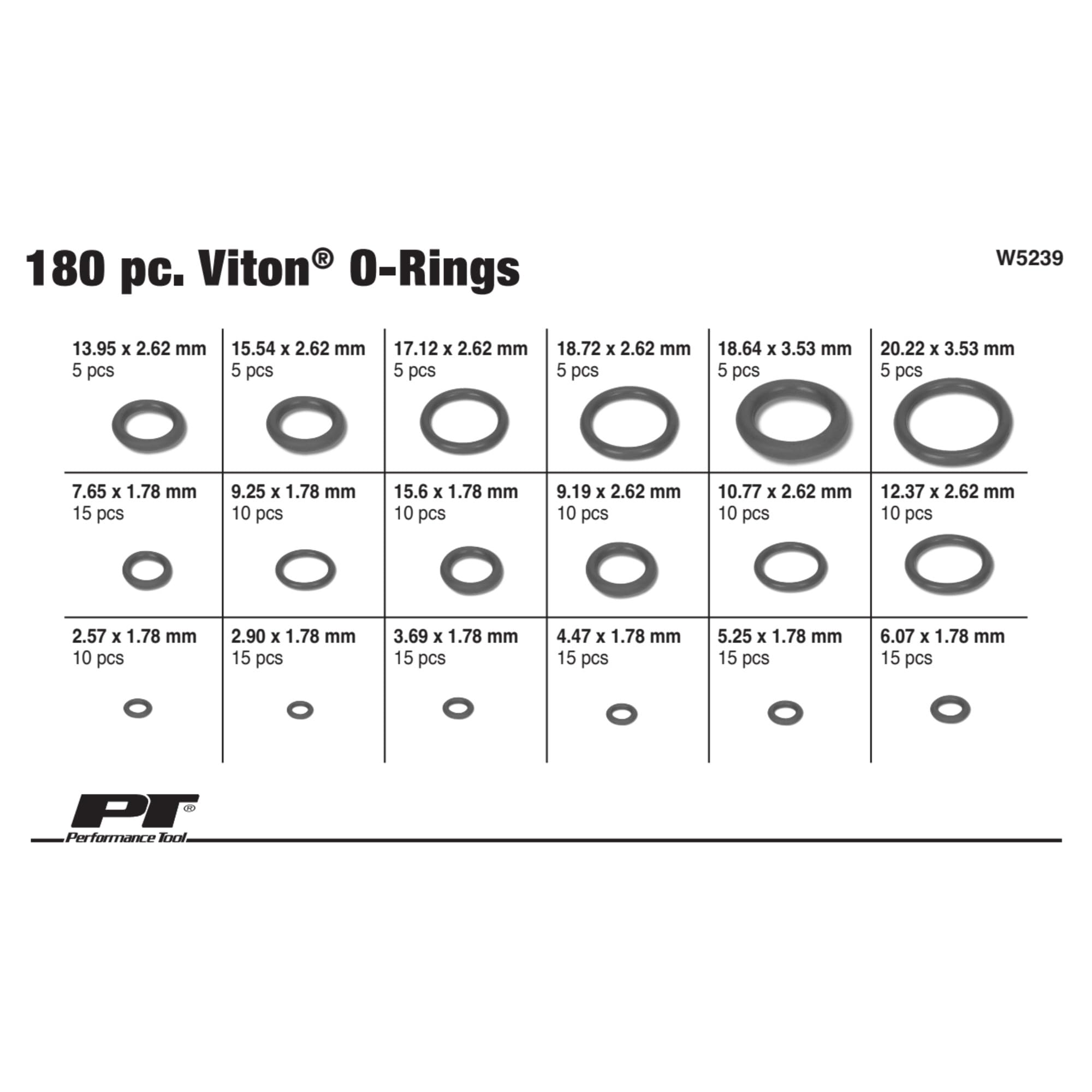 Performance Tool W5239 Polymer Viton O-Ring-Sortiment, braun, 180 Stück, 9 mm-20 mm