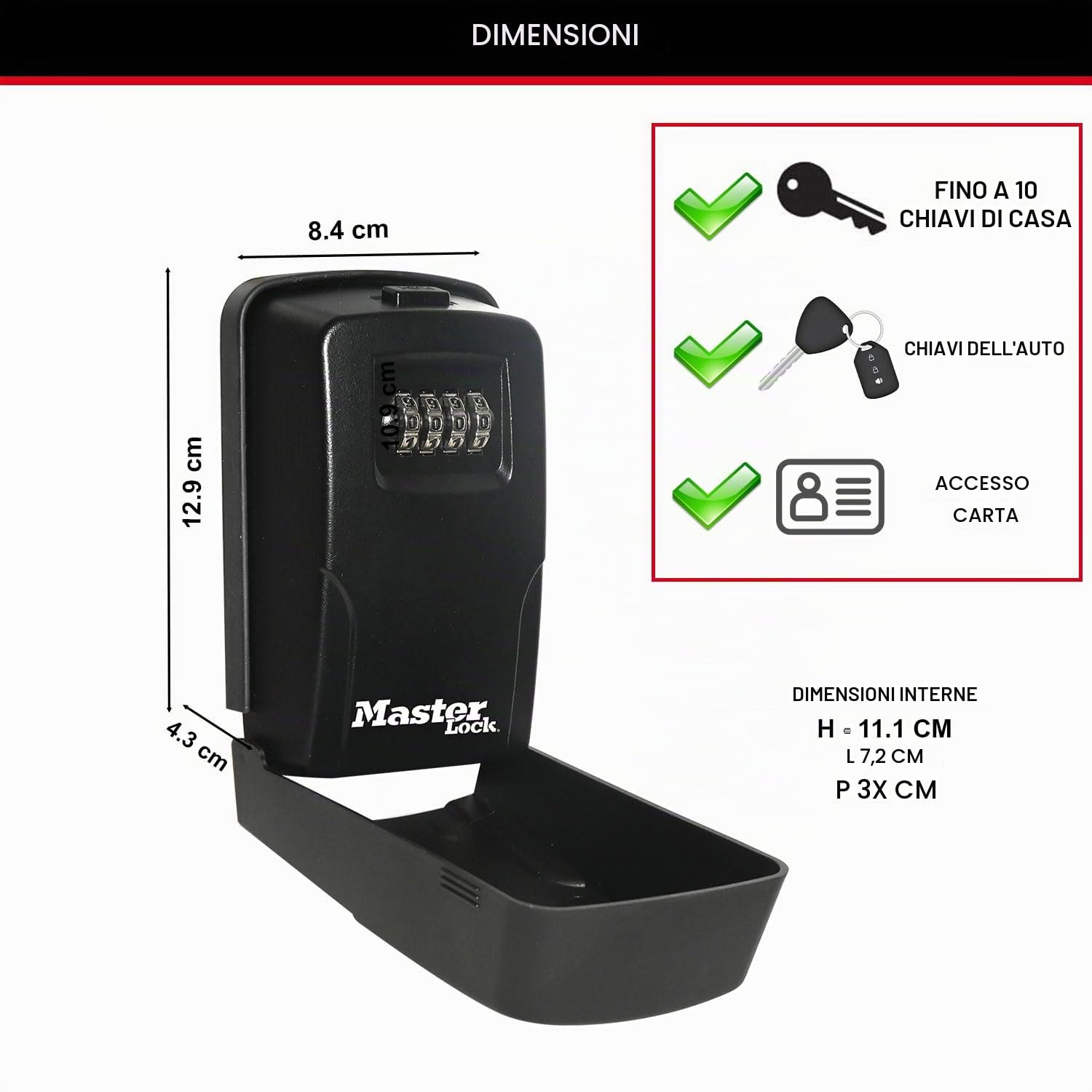 Cassetta portachiavi MASTER LOCK a parete, con copertura rimovibile, dimensioni medie, per esterni, kit di montaggio, per la casa, l’ufficio e la fabbrica 5430EURD