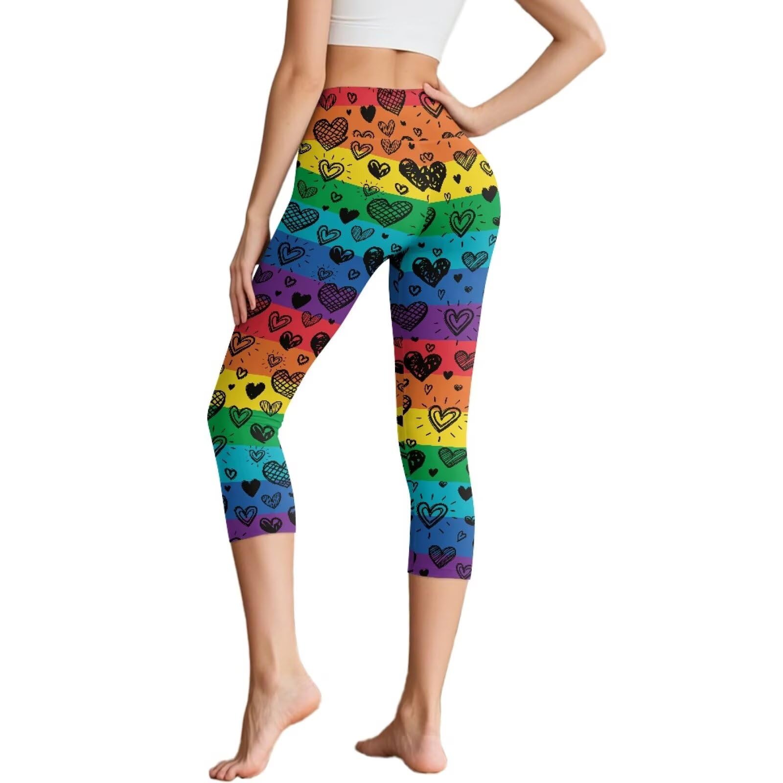 Suhoaziia Love Rainbow Stripes High Waisted Workout Leggings for Women Tummy Control Yoga Pants with Pockets Athletic Running Capri Pants Activewear 2025 Summer LGBT Pride Clothing