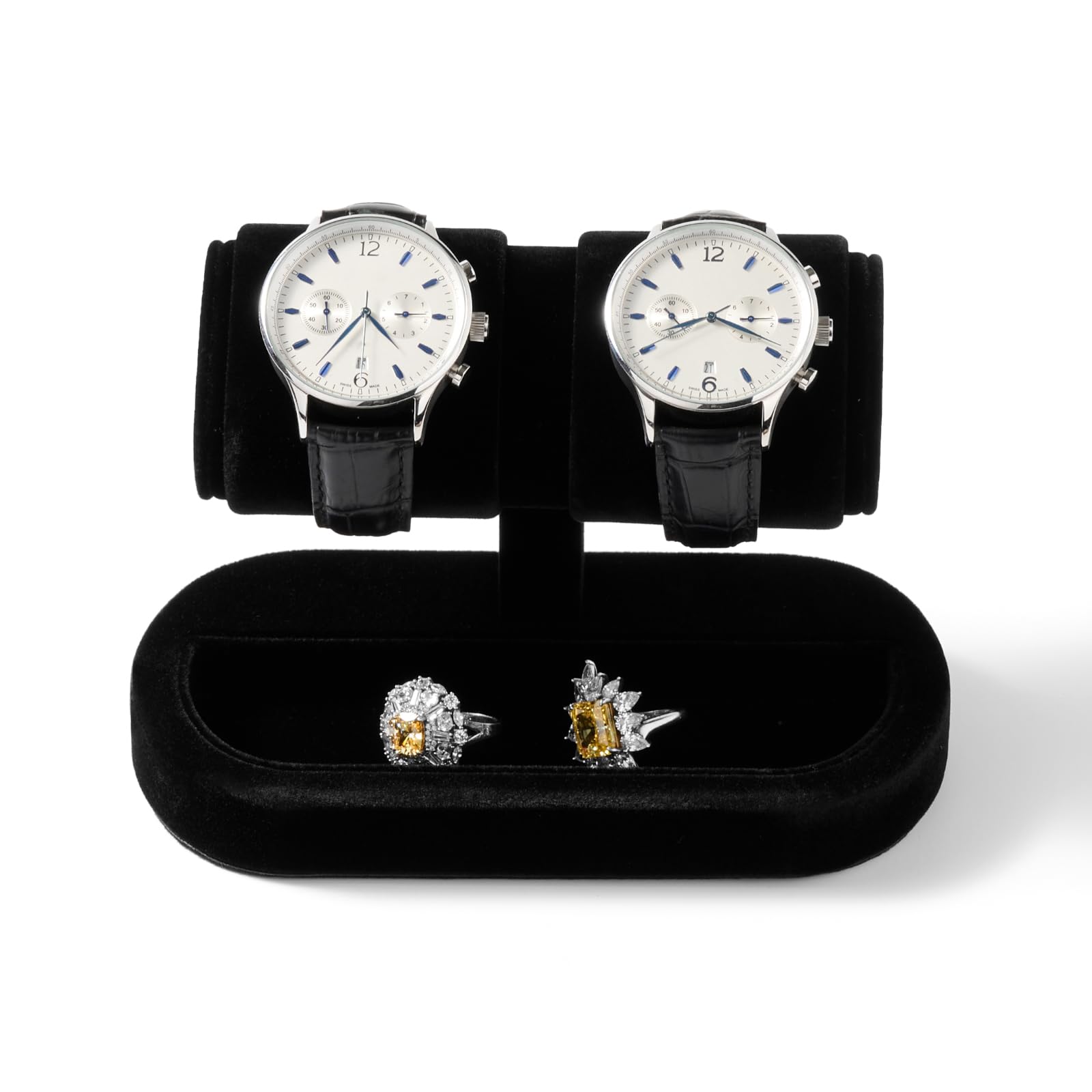 Double support de montre en velours avec plateau à bijoux pour