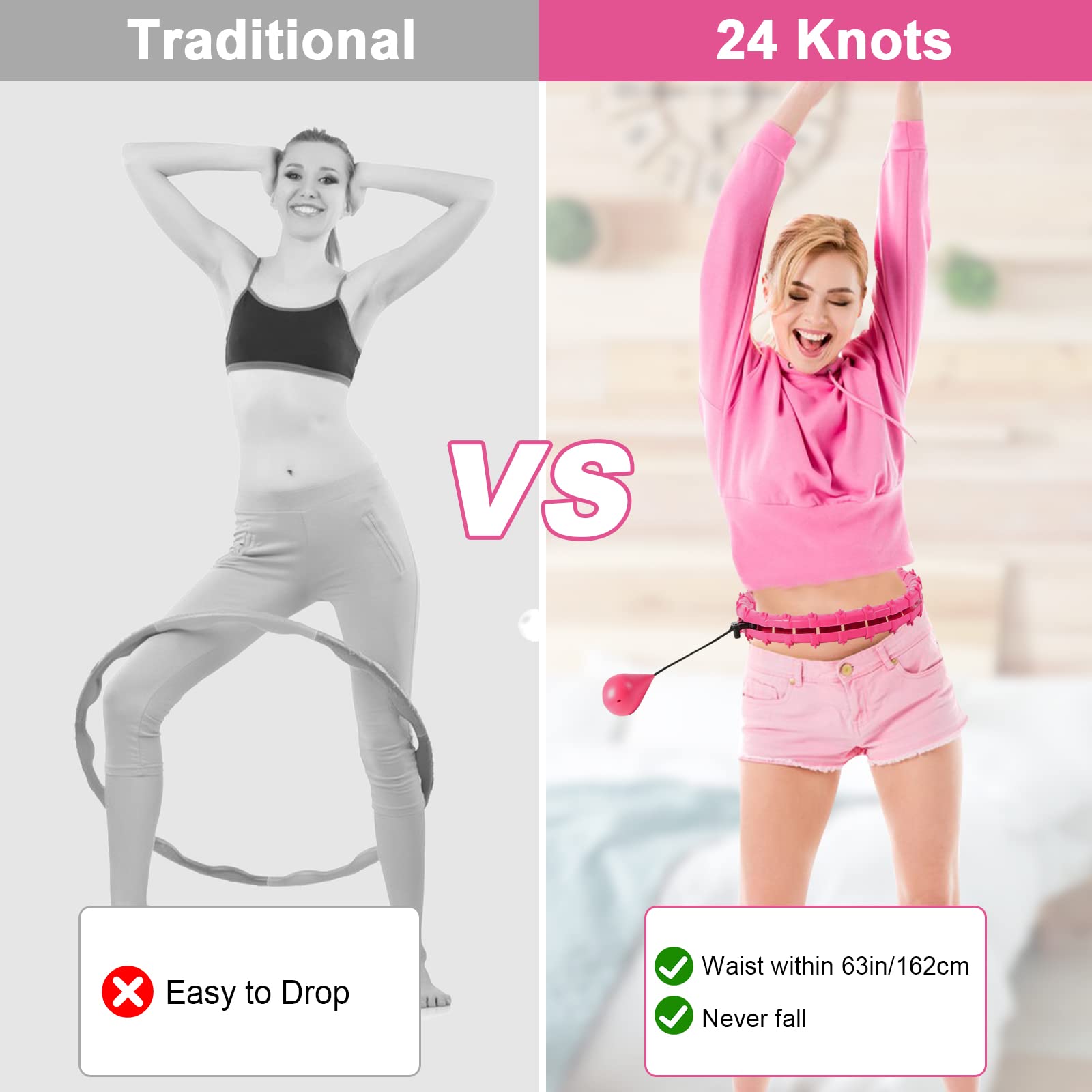 Smart Hula Hoop Reifen Erwachsene mit Gewicht Kugel,24Knoten abnehmbar/verstellbar Hullahub Reifen zum Abnehmen mit Ball Fällt nie ab Sportgeräte Fitness Zuhause-Rosa Geschenke für Frauen,XL