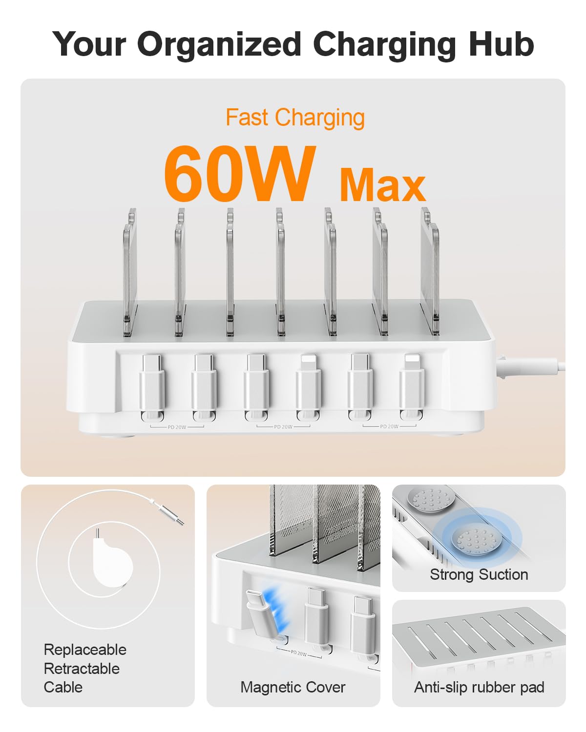 SooPii HomeHub H1, stazione di ricarica da 60 W per più dispositivi con 4 cavi magnetici retrattili da C a C e 2 da C a iP, organizer per caricabatterie per iPhone 17/16, tablet, Samsung, AirPods e