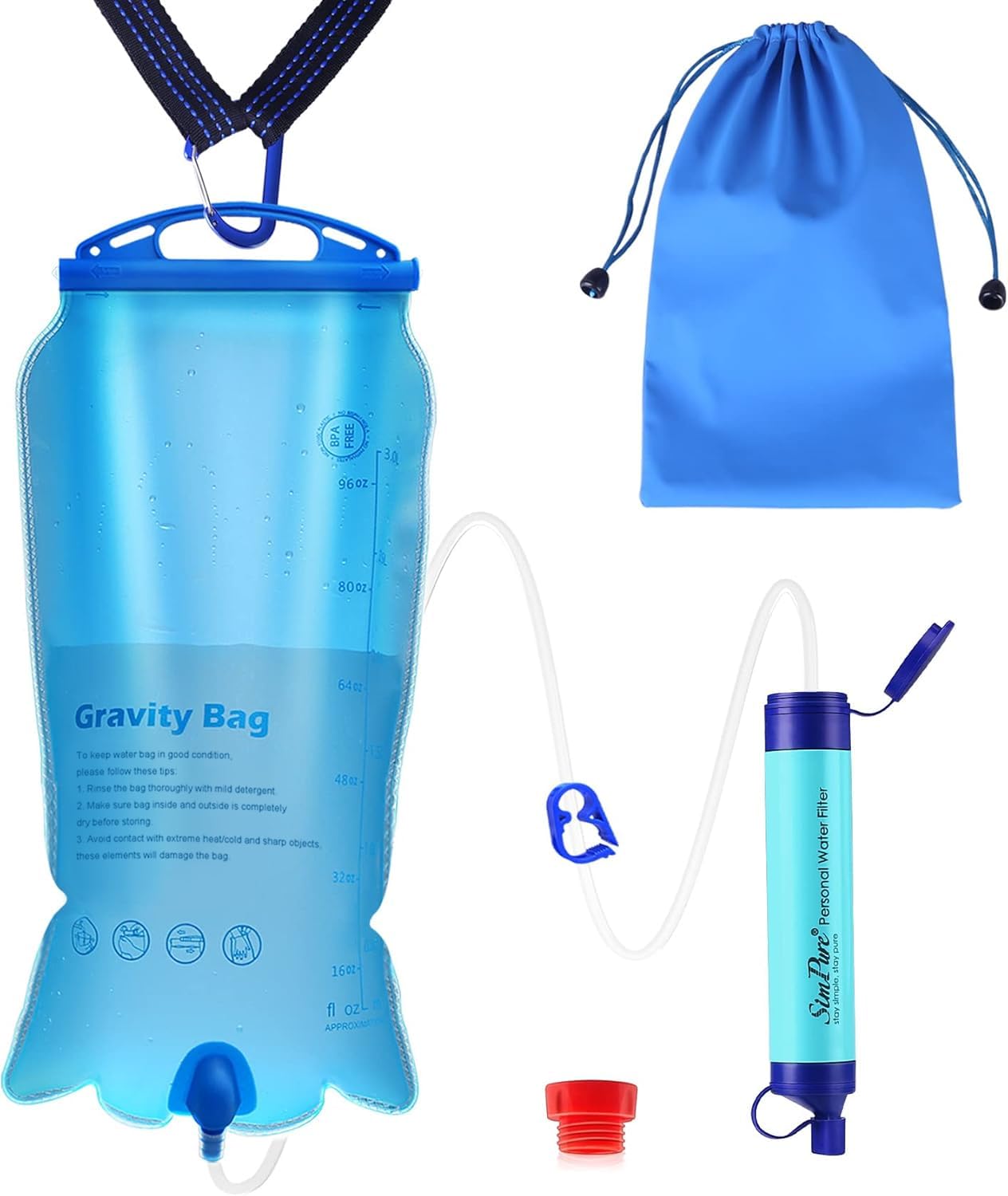 Gravity Water Filter, Portable Gravity-Fed Water Purifier with 3L Bag, Tree Strap, BPA Free Survival Gear and Equipment for Camping Hiking Emergency Preparedness