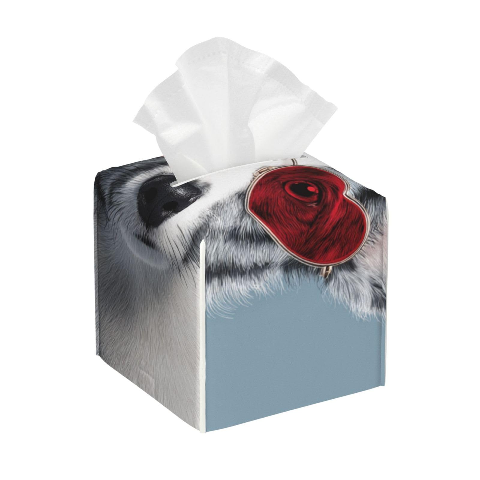 Cute Cool Dog Wearing Red Heart Sunglasses Tissue Box Cover Square Pu Leather Waterproof Tissue Box Holder for Car Bathroom Bedroom Office Tabletop Decor