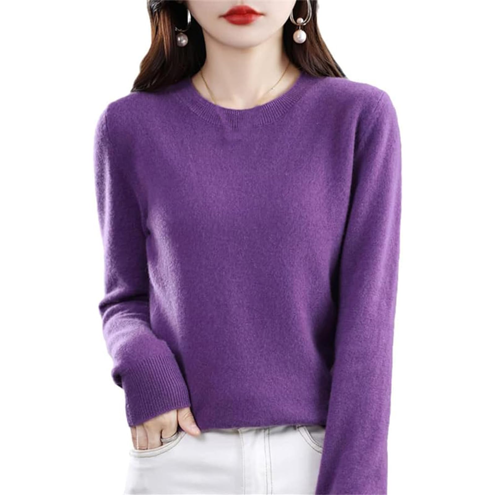 CUSON Cashmere Sweaters for Women, 100% Cashmere Long Sleeve Crew Neck Soft Warm Pullover Knit Jumpers (Deep Purple,X-Large)