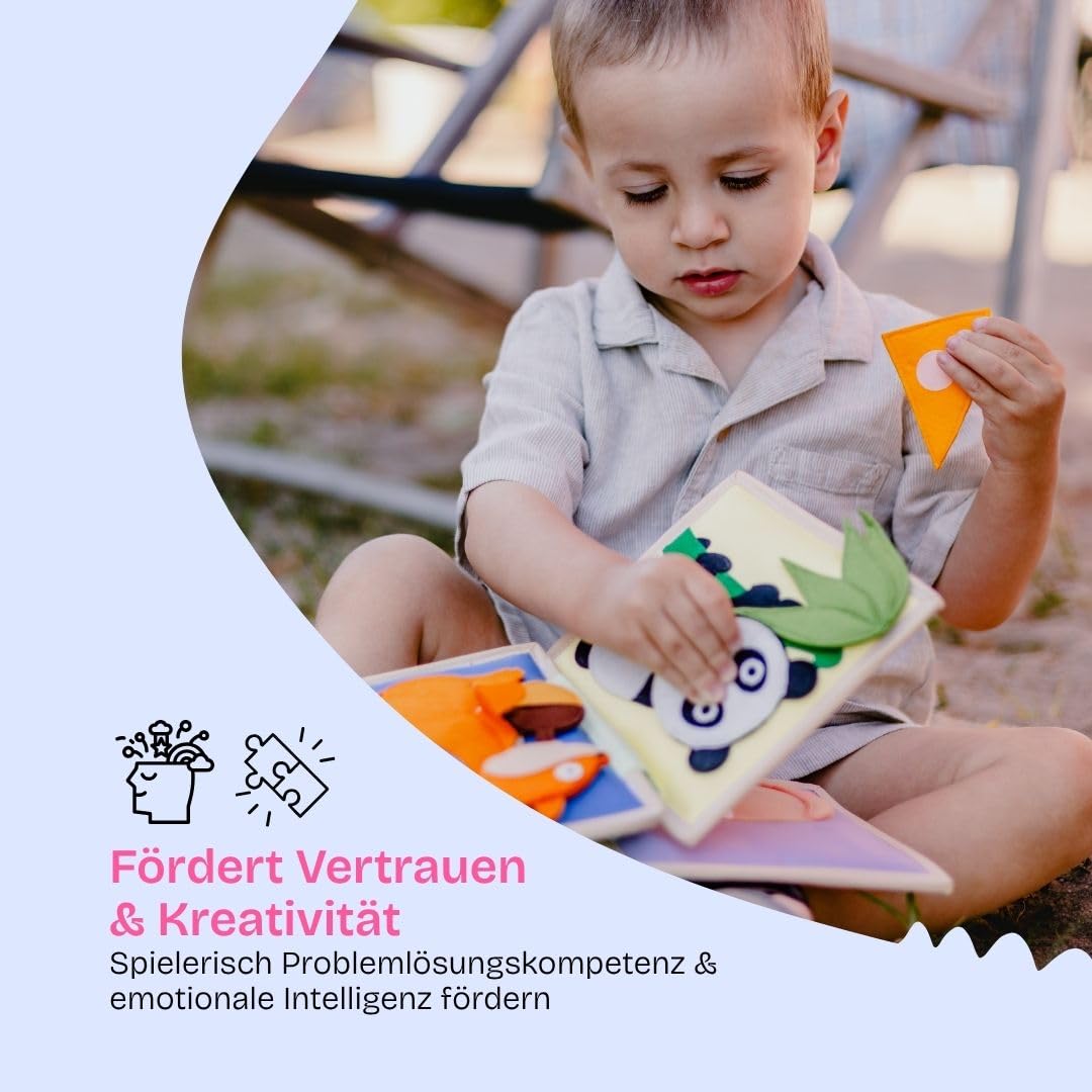 Jolly Designs – Tierfreunde - 6 Seiten Mini Quiet Book – Montessori Spielzeug ab 4 Monaten – Motorik & Sensorik fördern – Handgefertigtes Filzbuch – Lernspielzeug für Kleinkinder – Busy Book