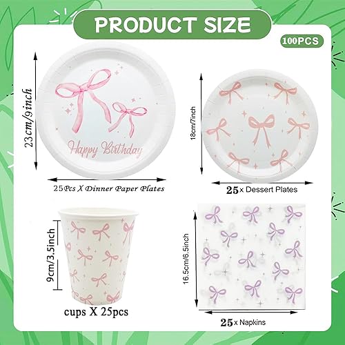 Miniatura 9 de 100 piezas de suministros para fiesta de cumpleaños con lazo rosa, juego de vajilla de lazo rosa de 9 y 7 pulgadas, platos de lazo rosa, tazas con