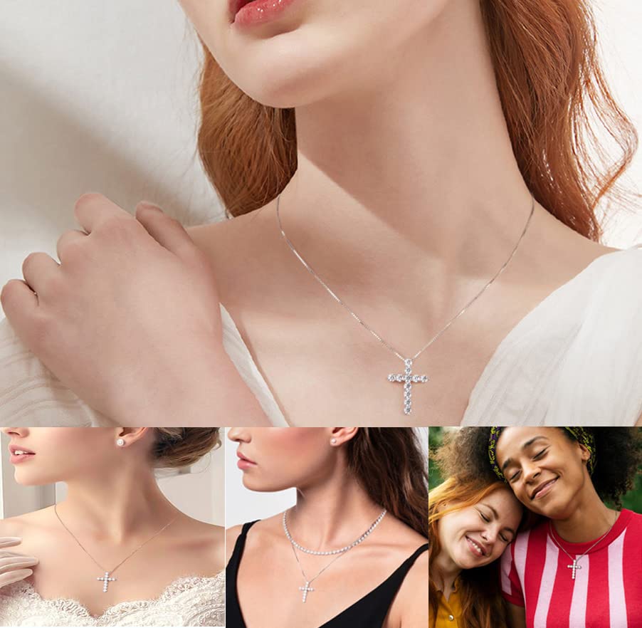 LANE WOODS Simulated-Diamond Moissanite Cross Necklace: 18k White Gold Plated Sterling Silver - Cross Pendant for Men Women Religious Jewelry Christian Gifts3