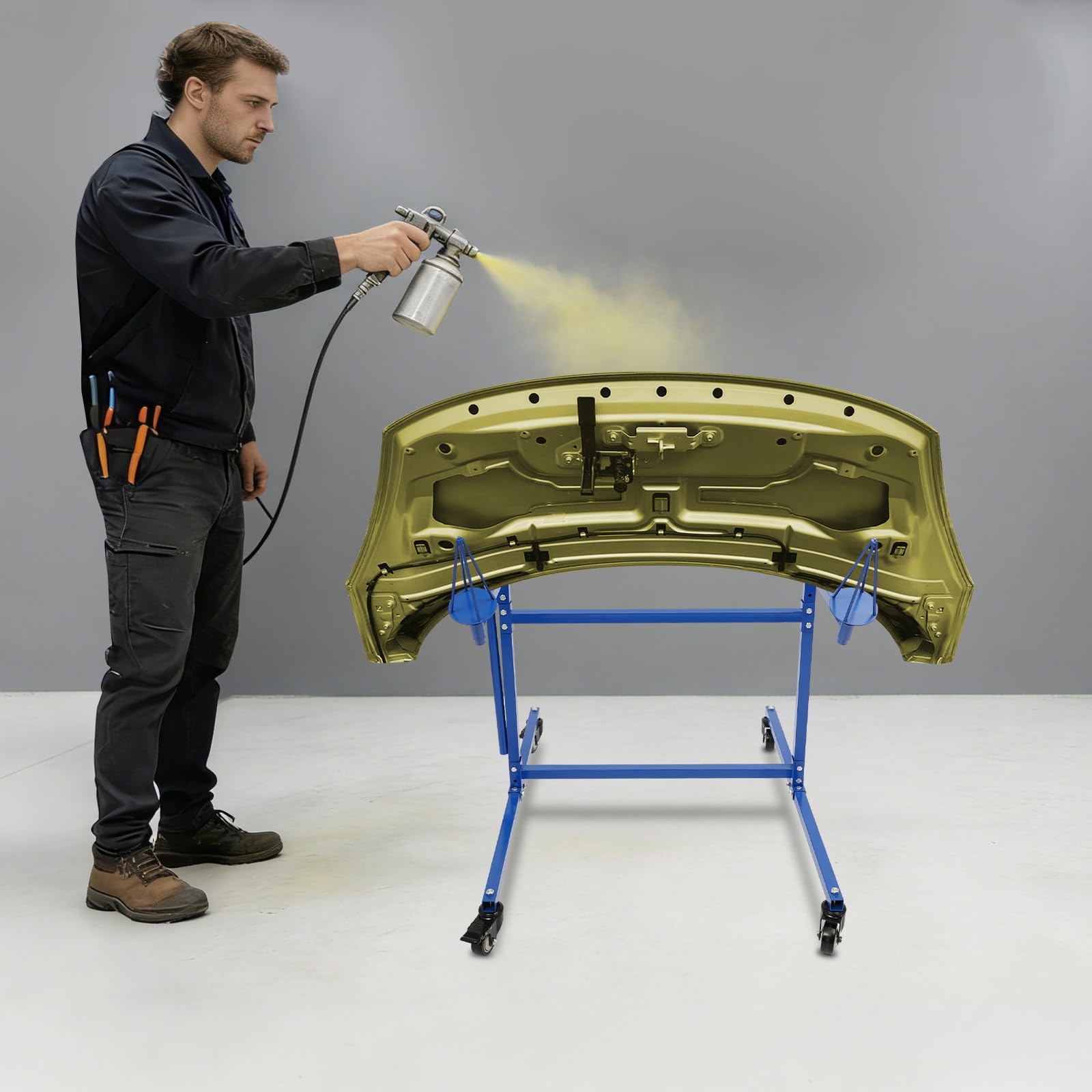 Felgenlackierständer 4 Felgen Lackierbock (Blau) | Lackierständer mit 360° Rollen und höhenverstellbaren Halterungen für Autoteile Räder Hauben Kotflügel in Garage Werkstatt