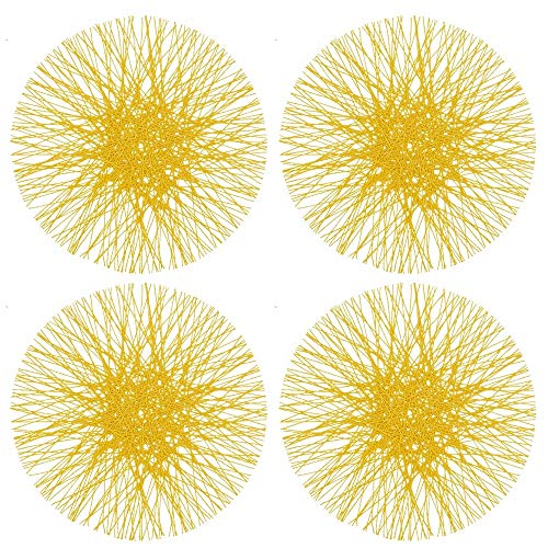 Fennco Styles Unique Paper Straw Placemats 15 Inches Round, Set of 4 – Yellow Modern Traycloth Table Mats for Home, Dining Room Décor, Banquets, Indoor & Outdoor and Special Events
