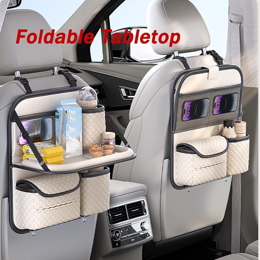 Auto Organizer für VW CC T ROC Bora EOS UP Caddy Golf Polo Jetta New Beetle, Autositz Organizer mit Klapptisch Multifunktional Wasserdicht Auto Rücksitz Organizer,Beige