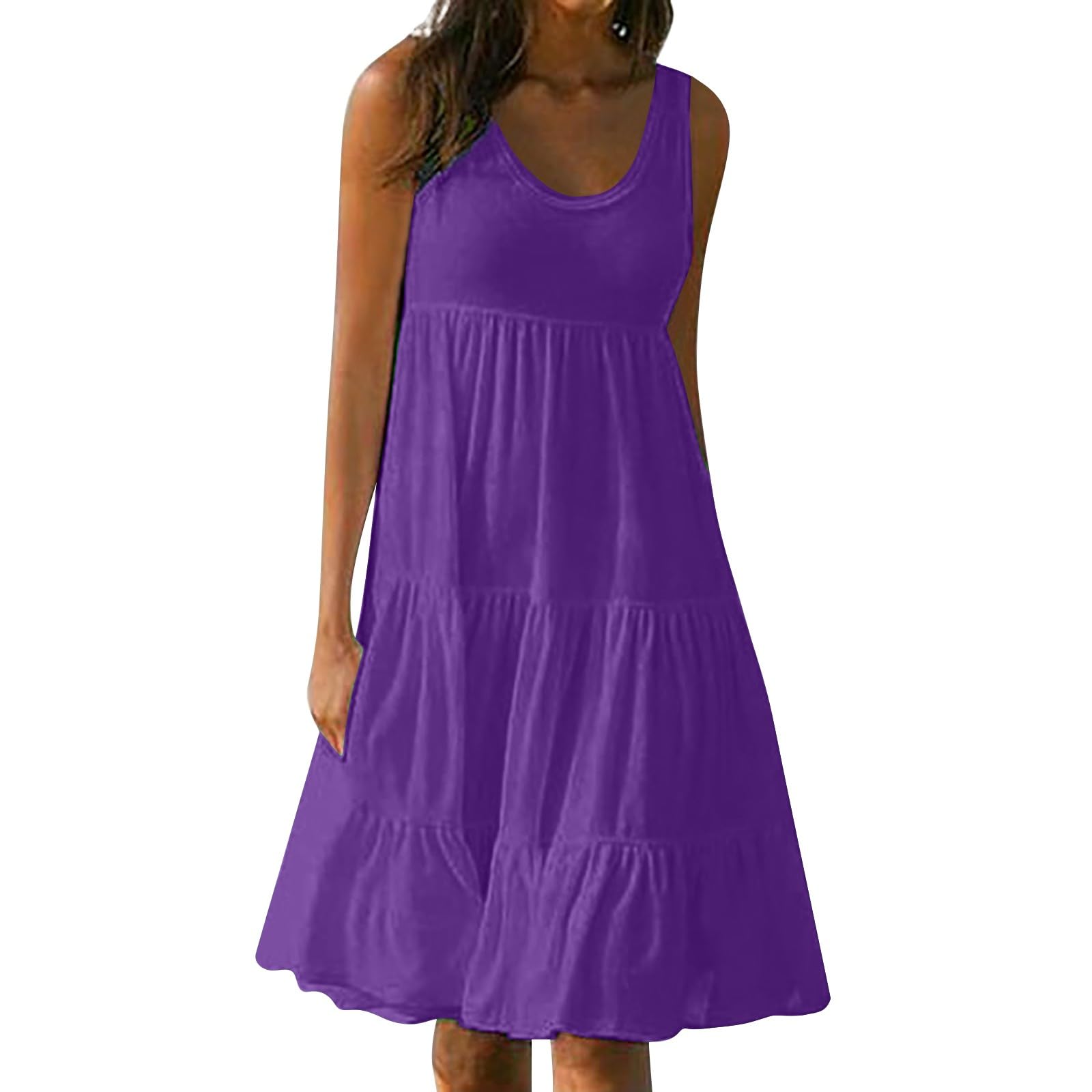 Casual Wrap Abiti Donna Lungo Vita Alta Legato Tinta Unita Girocollo Abito Cotone per le Donne, Viola, L