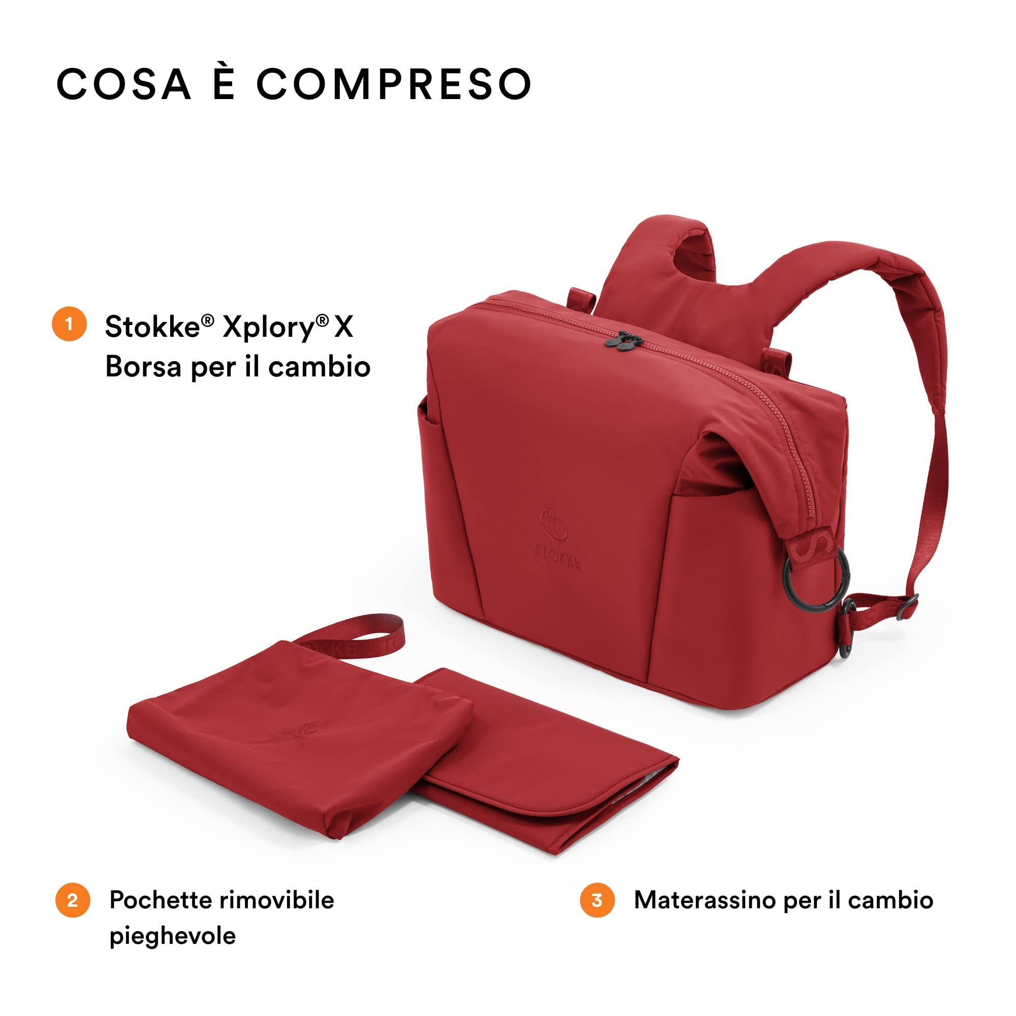 Stokke Borsa per il cambio Xplory X, Ruby Red - Può essere portata a spalla o come zaino - Include un materassino per il cambio pieghevole - UPF 50+, Idrorepellente, Facile da pulire