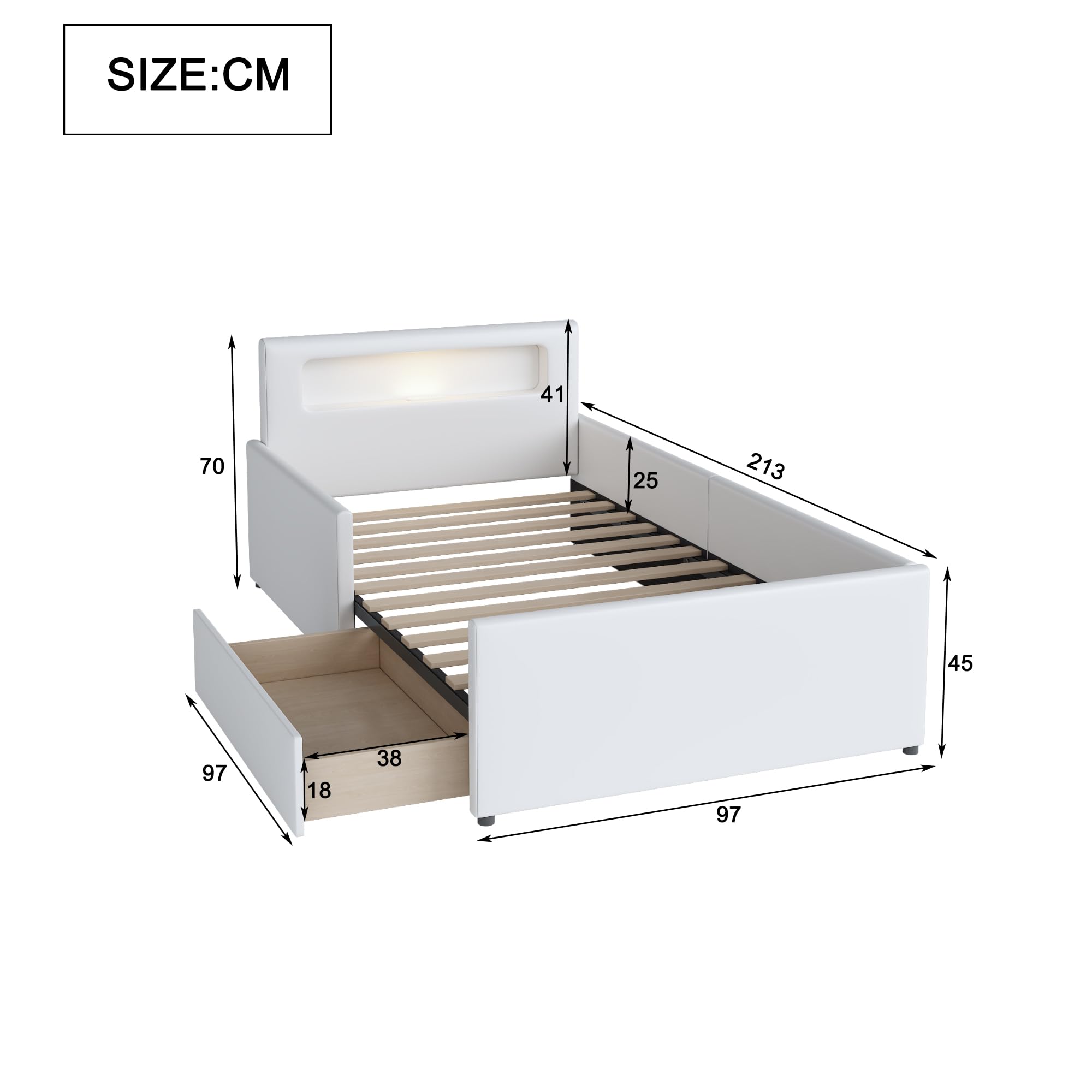 Lettino imbottito per bambini, con luce notturna e porta di ricarica USB, con scomparti, pannelli laterali rialzati per la sicurezza, semplice letto singolo, letto per ragazzi e ragazze, tessuto in