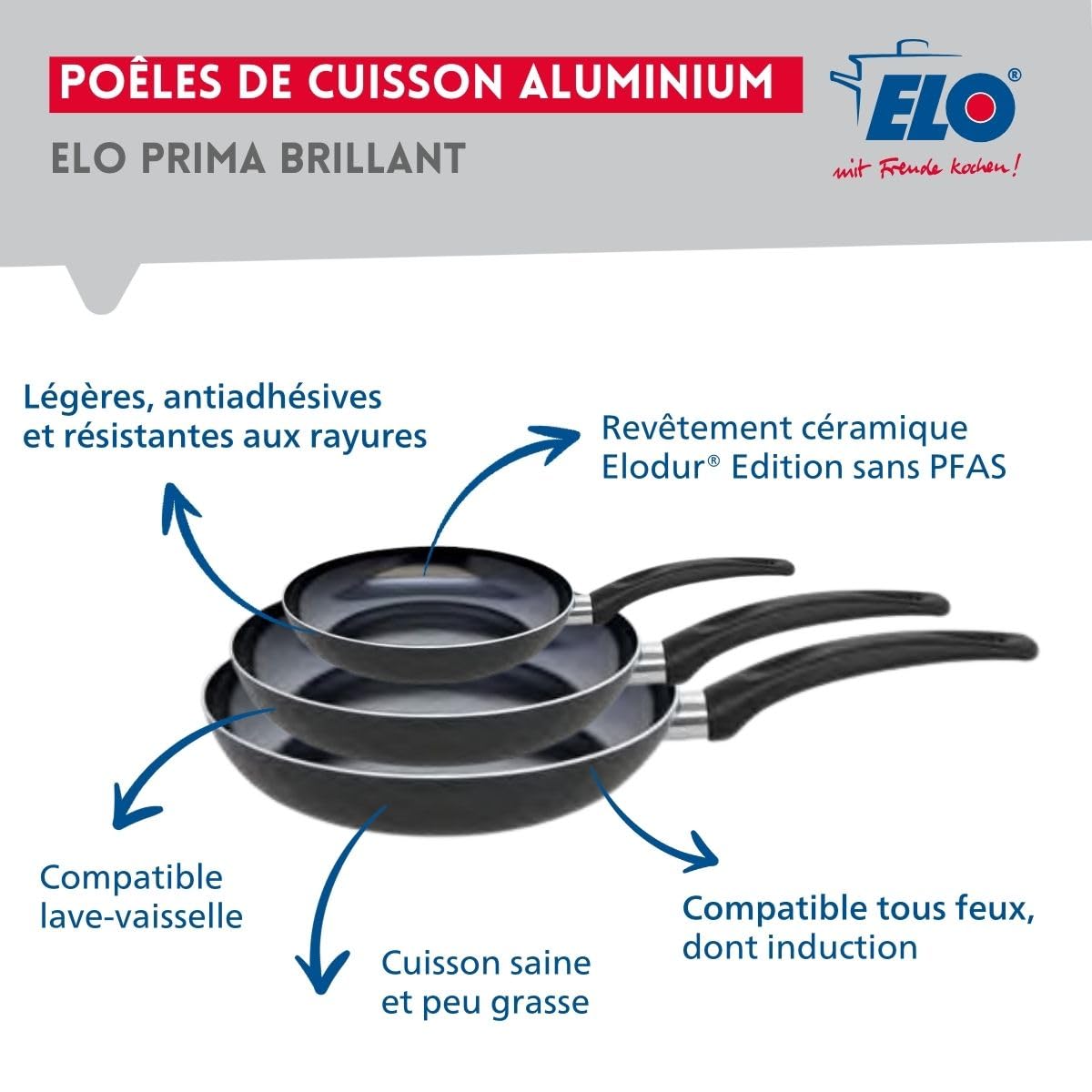 Elo Batterie cuisine 3 poêles 20/28/32 cm et 3 faitouts 14/16/24 cm