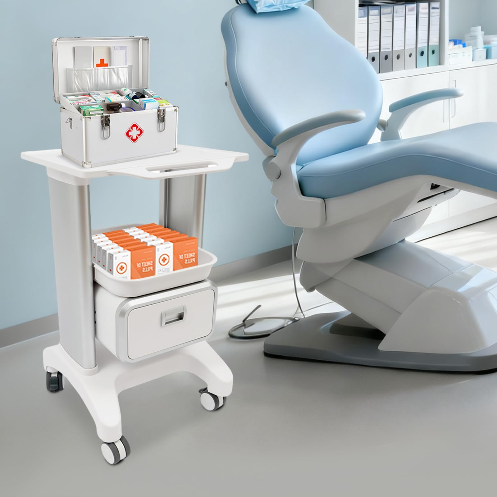 Carrello per dispositivi medici, carrello da laboratorio con 2 cassetti, in ABS, carrello per cosmetici, carrello da lavoro con 4 ruote, 100 kg