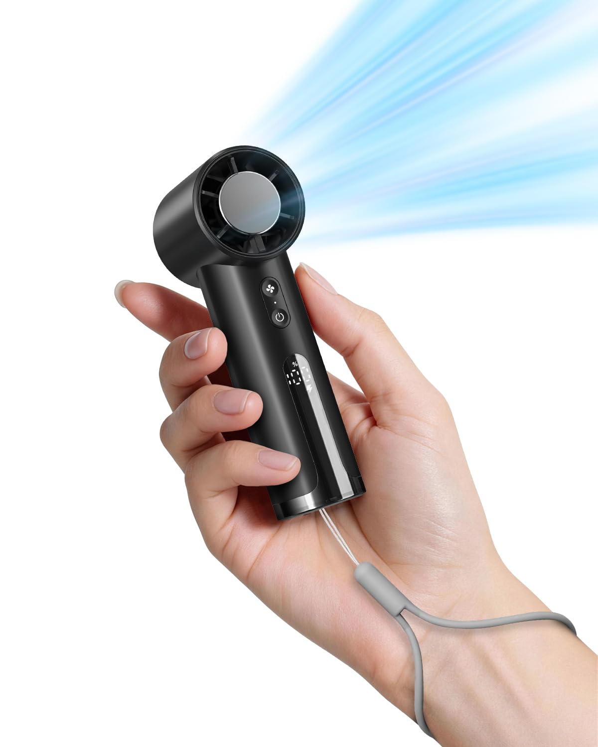 Mini Ventilateur Portable Rechargeable, Vent puissant de 9 m/s, 5 Vitesses Réglables, Design Vortex, Ventilateur de Poche avec Cordon, pour Voyage, Camping, Randonnée et Extérieur – Noir