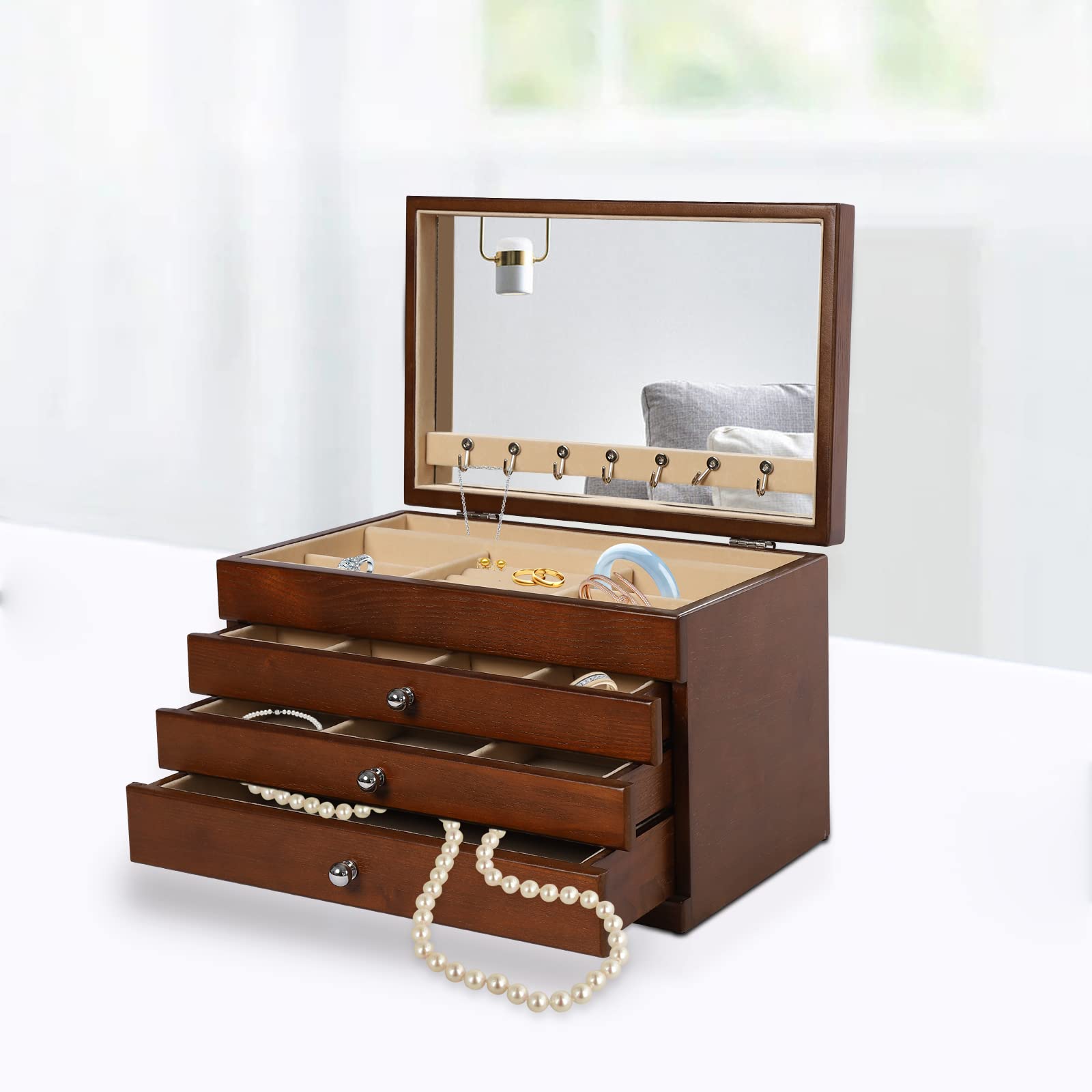 Schmuckkästchen Serie Schmuckkasten mit Spiegel 4-lagiger Schmuck-Organizer aus Massivhol 3 Schubladen für Ringe, Ohrringe, Armbänder, Halsketten（Holzfarbe）