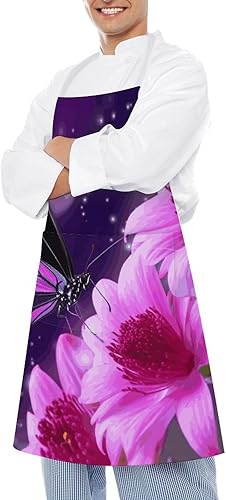 Miniatura 4 de MUSM Purple Butterfly And Flower ApronClassic Vintage Funny with Pockets Aprons,Adjustable Bib Waterdrop Resistant for Kitchen Cooking Restaurant