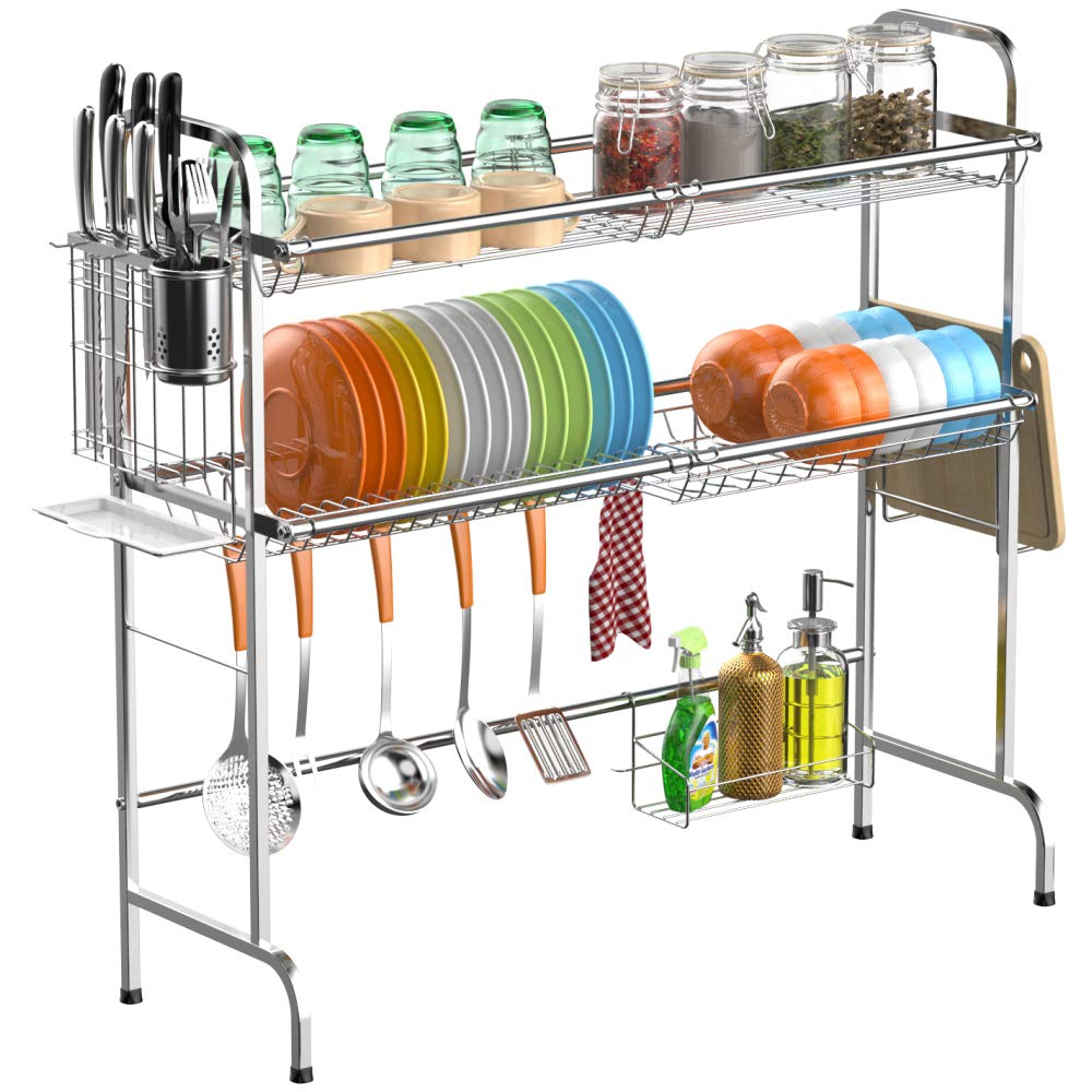 Over the Sink Dish Drying Rack, Cambond 2 Tier Large Dish Drainer Shelf Premium 201 Stainless Steel Dish Rack with Utensils Holder for Kitchen Counter, Silver