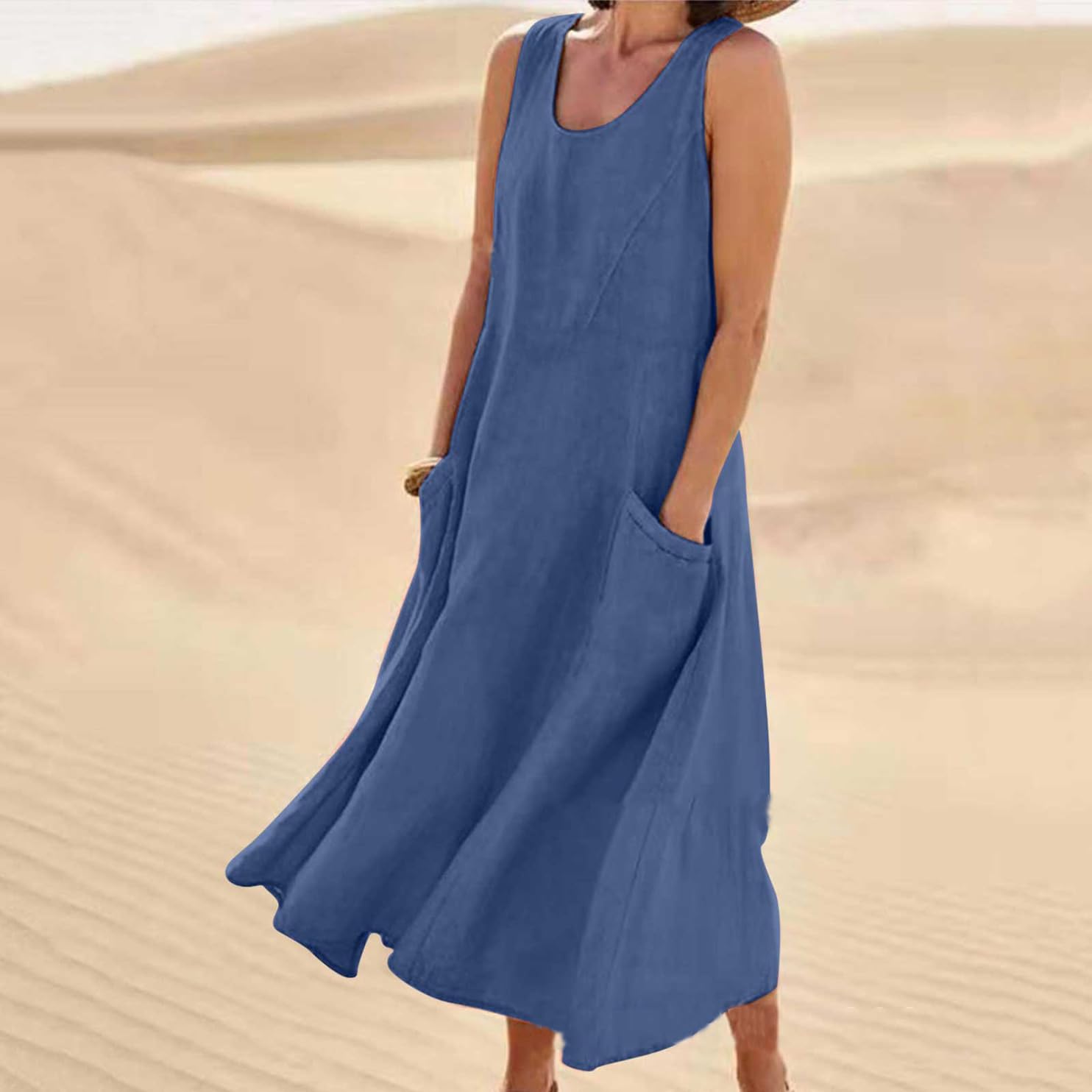 Vestido de Mujer sin Mangas Vestido de Algodón Y Lino Casual Vestido Largo con Bolsillo Vestido de Chaleco sin Mangas, WFFUO, Vino tinto, XXL