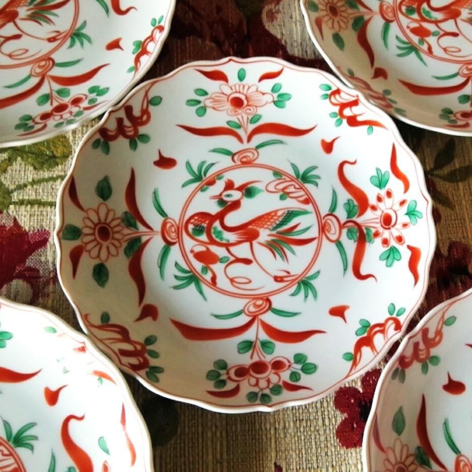 新品箱入5点 たち吉 赤絵花鳥輪花皿 鳳凰 Amazon.co.jp: 新5点 たち吉 赤絵 鳳凰花鳥 稜花（輪花）皿