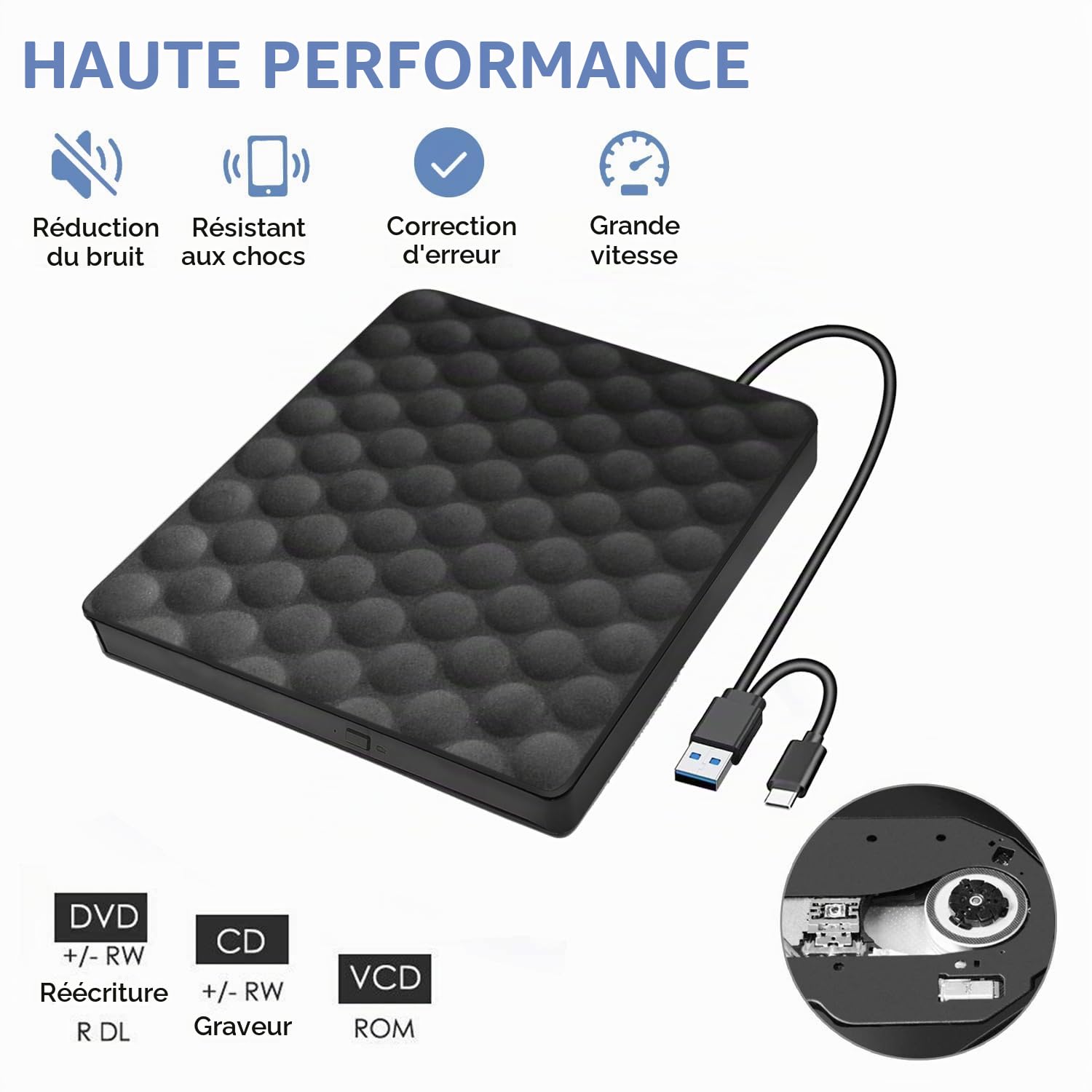 Lecteur CD/DVD Externe pour PC, USB 3.0 Type C Graveur Enregistreur Portable RW/ROM Mince Transmission Rapide Câble USB Intégrée Windows/Mac OS/iMac/Macbook/Laptop/Desktops/PC