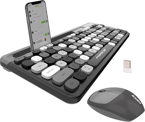 FOPETT Combo de teclado y mouse inalámbricos, tamaño completo de 2.4 GHz, teclado de computadora con soporte para teléfono, juego de teclado y mouse