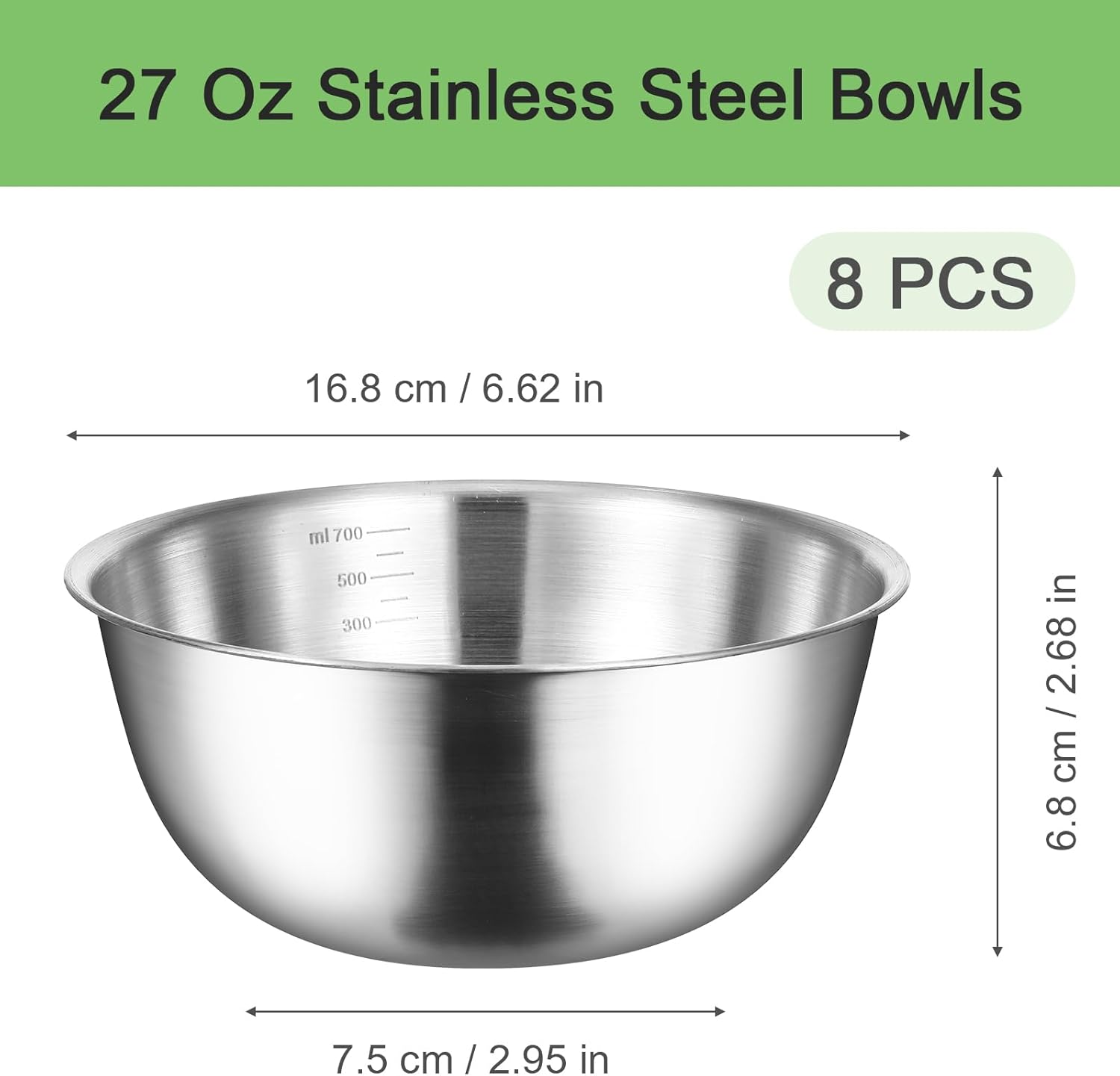Stainless Steel Bowls 304 Metal Lightweight Unbreakable Dinner Bowls Set Non-Toxin Dishwasher Safe BPA Free and Healthy (8 Pack 24Oz)