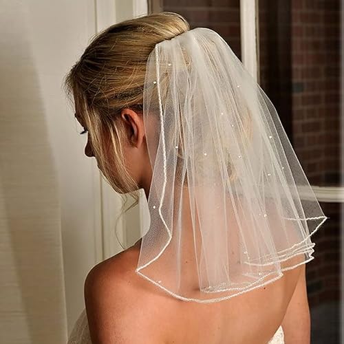 Crystal Wedding Bridal Veils Short 1 Tier Soft Mesh Veil with Metal Comb Bachelorette Party Bride To Be Gift (Ivory)