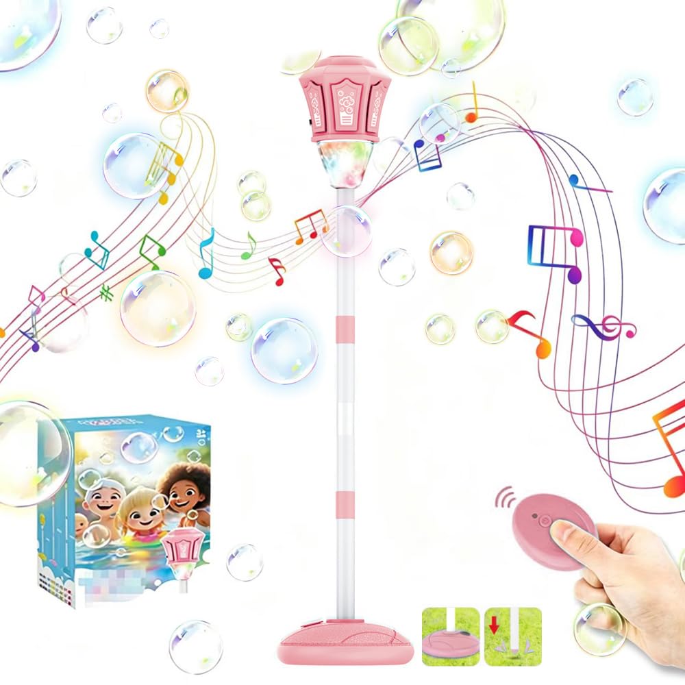 Lámpara de Jardín Bubble Torch con Luz y Música,Altura Regulable 52-115 cm,Máquina de Burbujas Recargable para Exteriores con Mando a Distancia para jardín (Rosa)