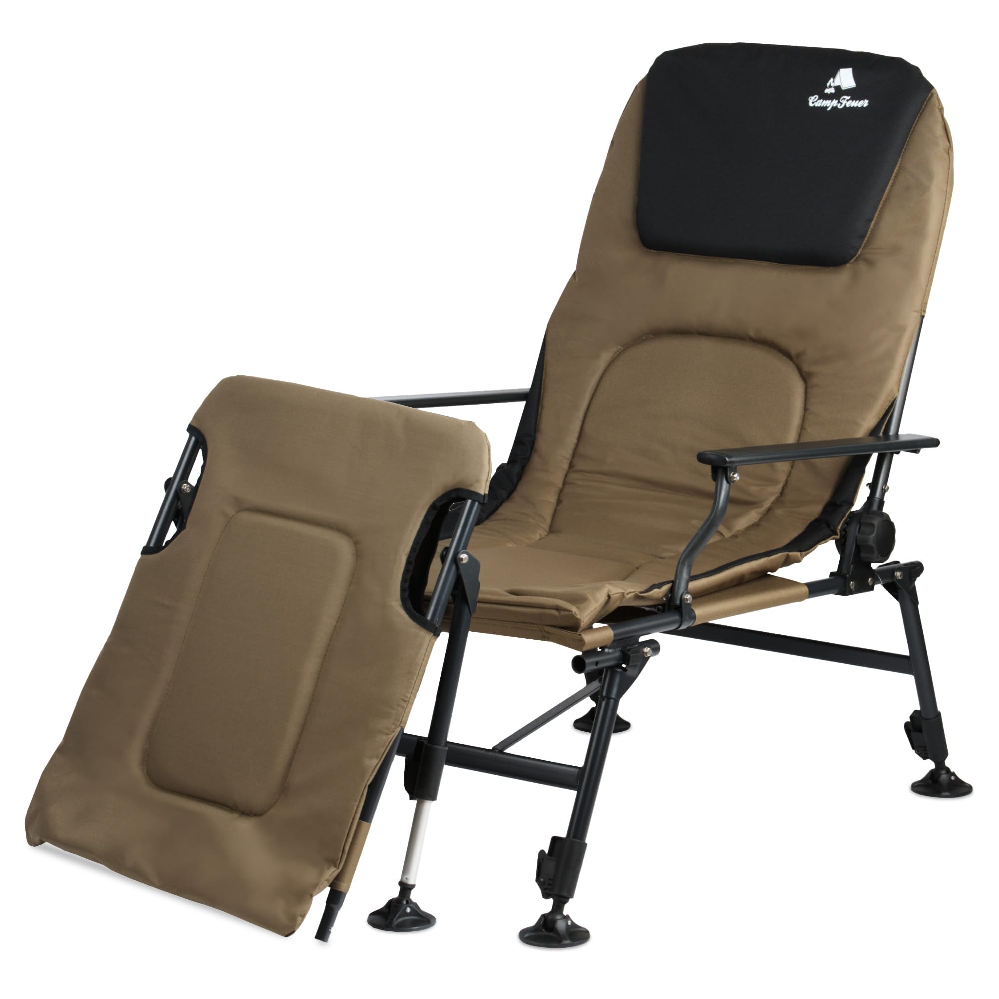 CampFeuer 2in1 Angelstuhl Olivgrün/Schwarz | Höhenverstellbarer Campingstuhl und Angelliege | Faltbarer Karpfenstuhl | Outdoor Travelchair für Camping, Zelten, Angeln | Fischerstuhl klappbar