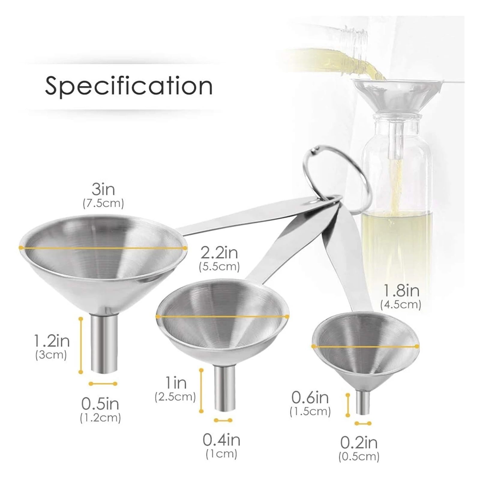 3 unids/Set de embudos de Acero Inoxidable con Mango Largo, colador de embudos pequeños for Cocina, Transferencia de Fluido, Filtro de Aceite líquido en Polvo