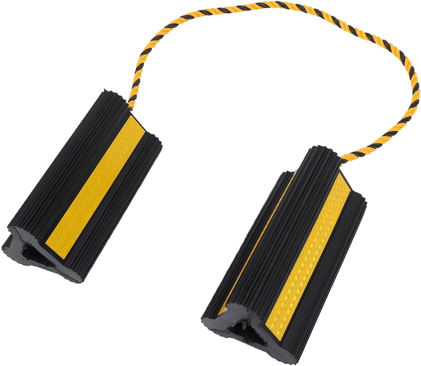 Heavy Duty Wheel Chocks, Rubber, 8.26x3.93x3.93 Inches, Black with Yellow Reflective Tape - Anti Slip Protection, Portable with Nylon Rope, Ideal for Travel Trailers RV Car Truck