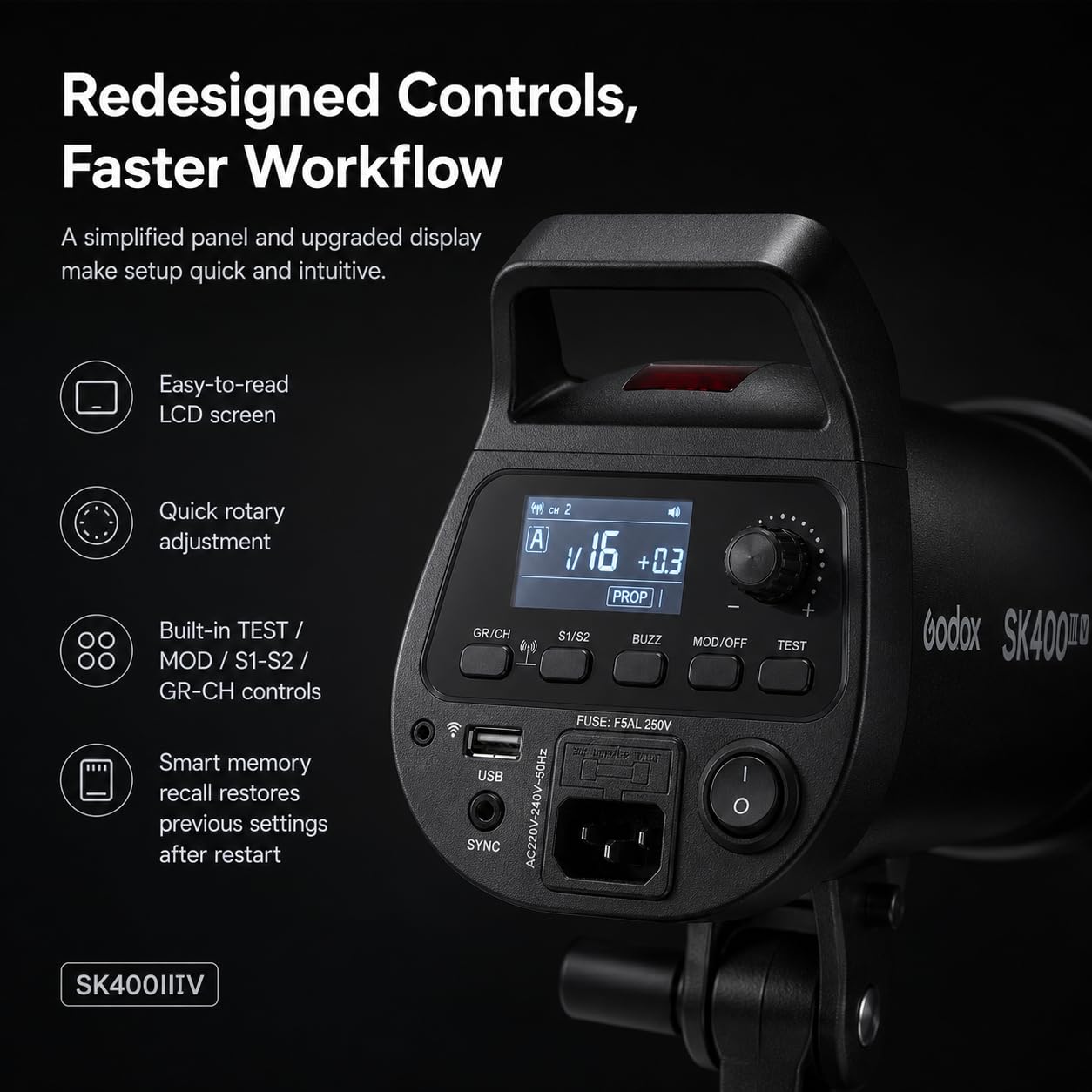Godox SK400III-V Flash da Studio 400Ws con Riflettore Standard, GN65 5700K Strobo Professionale con Lampada Modellante LED 10W, Riciclo 0.1-1.5s, Sistema X Wireless 2.4G Integrato e Attacco Bowens