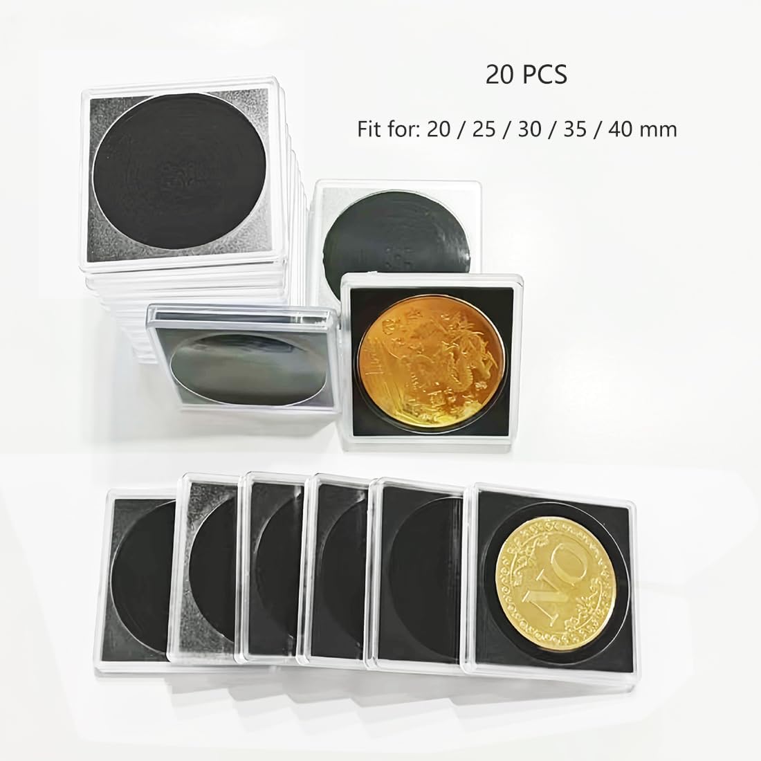 Coin Holder 20PCS Square Adjustable Air-Tight Coin Capsules Storage Box with Foam Gasket for 20/25/30/35/40mm Coins, Silver Rounds, Collectible Medals