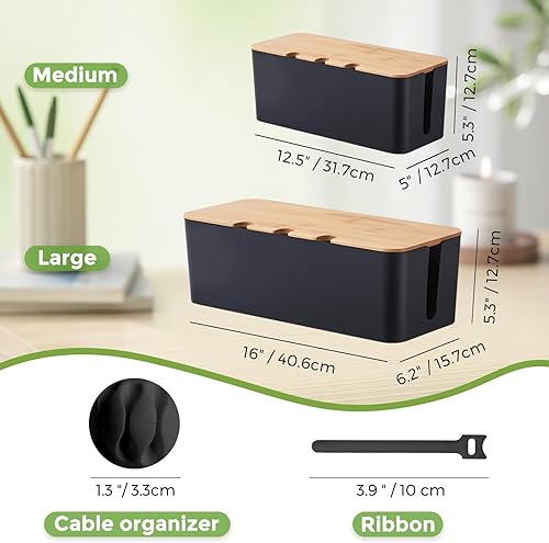 Miniatura 3 de Caja organizadora de cables, color negro, paquete de 2, caja de gestión de cables de madera con soportes para clips para cables y bridas