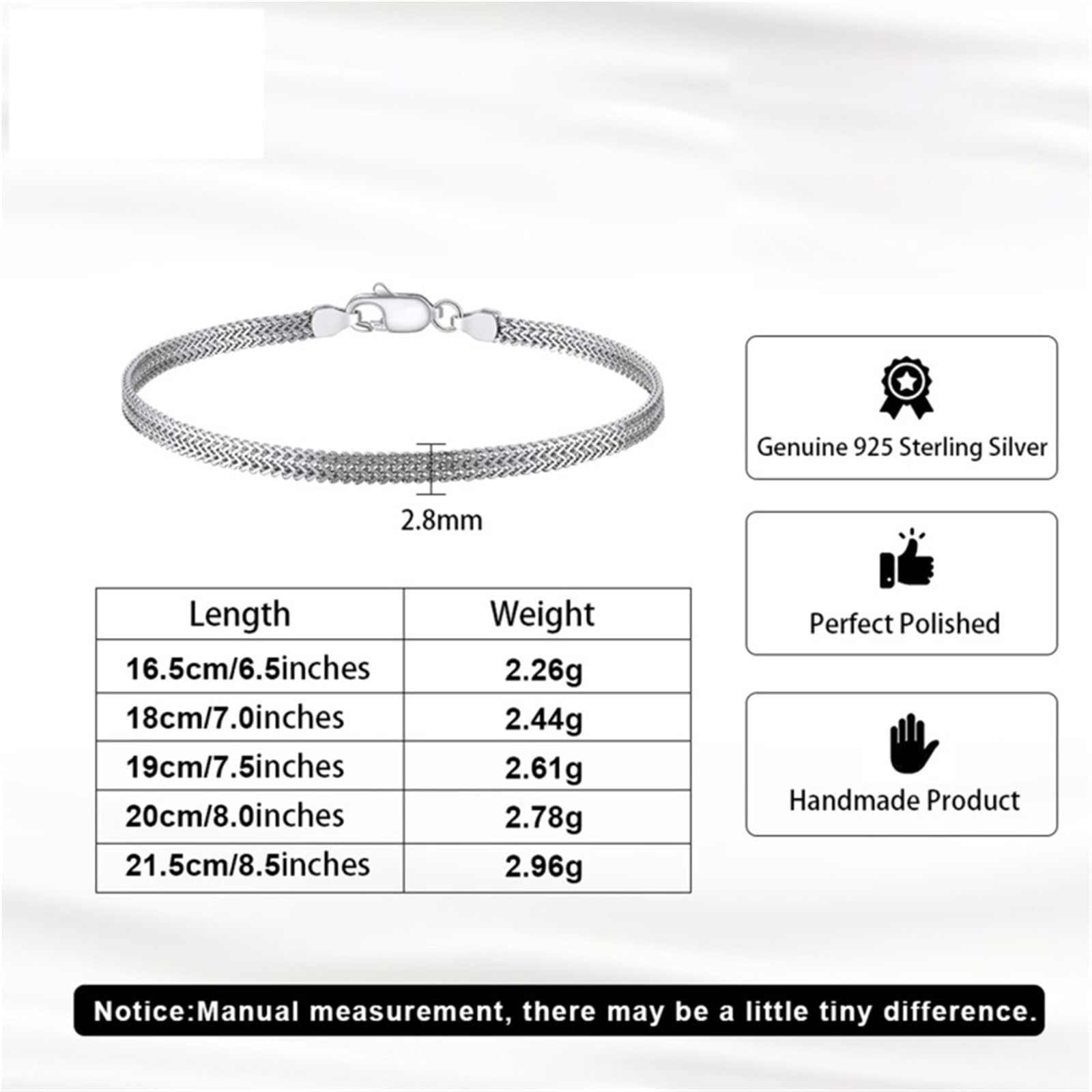 Genérico pulsera de plata mujer Pulsera de malla plana personalizada 2,8 mm con baño rodio en plata, varios tamaños a elegir