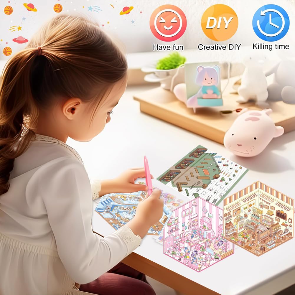 HYMBCFW Scene Sticker Book,20 Sets DIY 3D House Sticker Scene Kit,3D Creative Stickers Therapy to Relieve Stress,Creative Fun Reusable Set including Tweezers for Age 3+,Gift for Adults Kids Girls Boys - Image 4